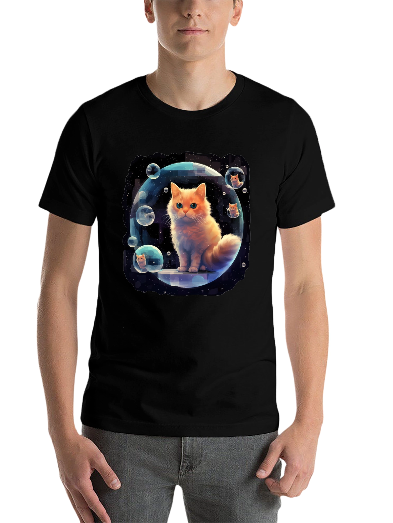 Black Cosmic Cat Bubble T-Shirt - Unique Graphic Tee view 7