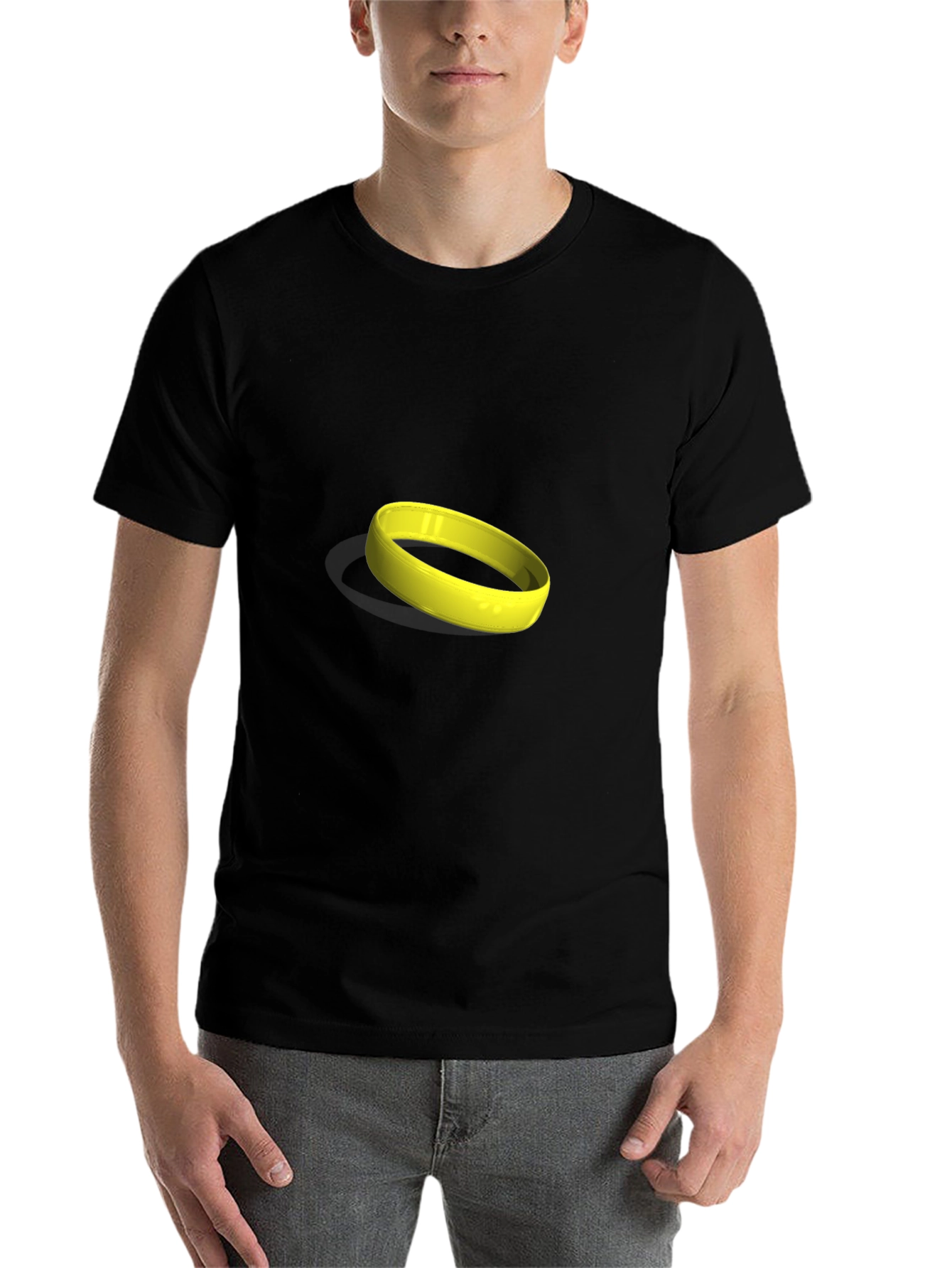 Black Men's Black T-Shirt with Yellow Ring Graphic view 7