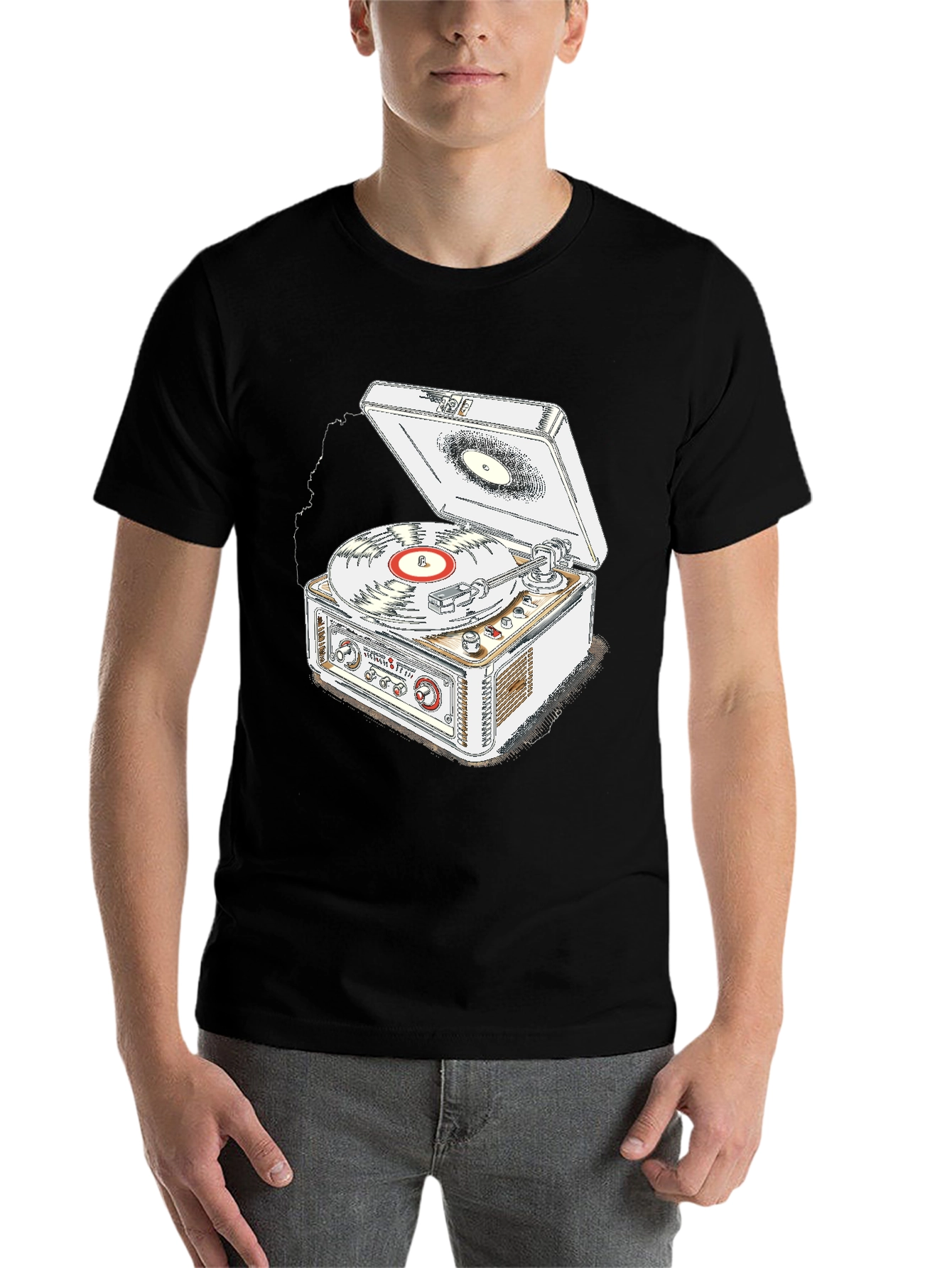 Black Vintage Record Player T-Shirt - Music Lover Tee view 7
