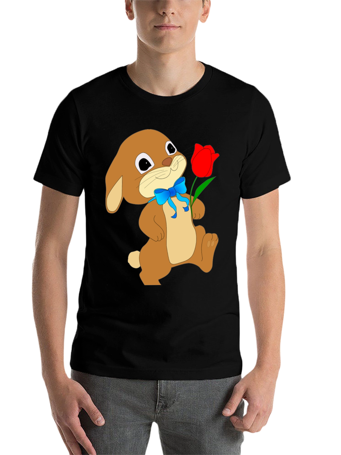 Black Bunny & Tulip Graphic Tee - Soft Black Cotton view 7