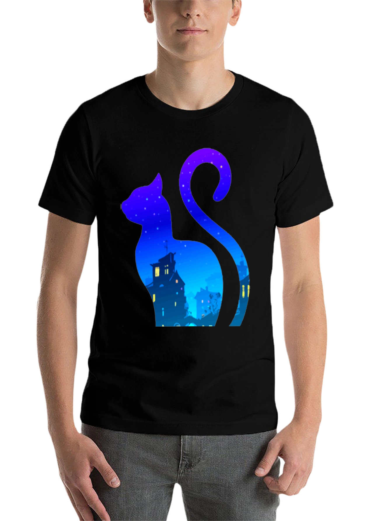 Black Cat Silhouette Night Sky T-Shirt - Urban Style view 7