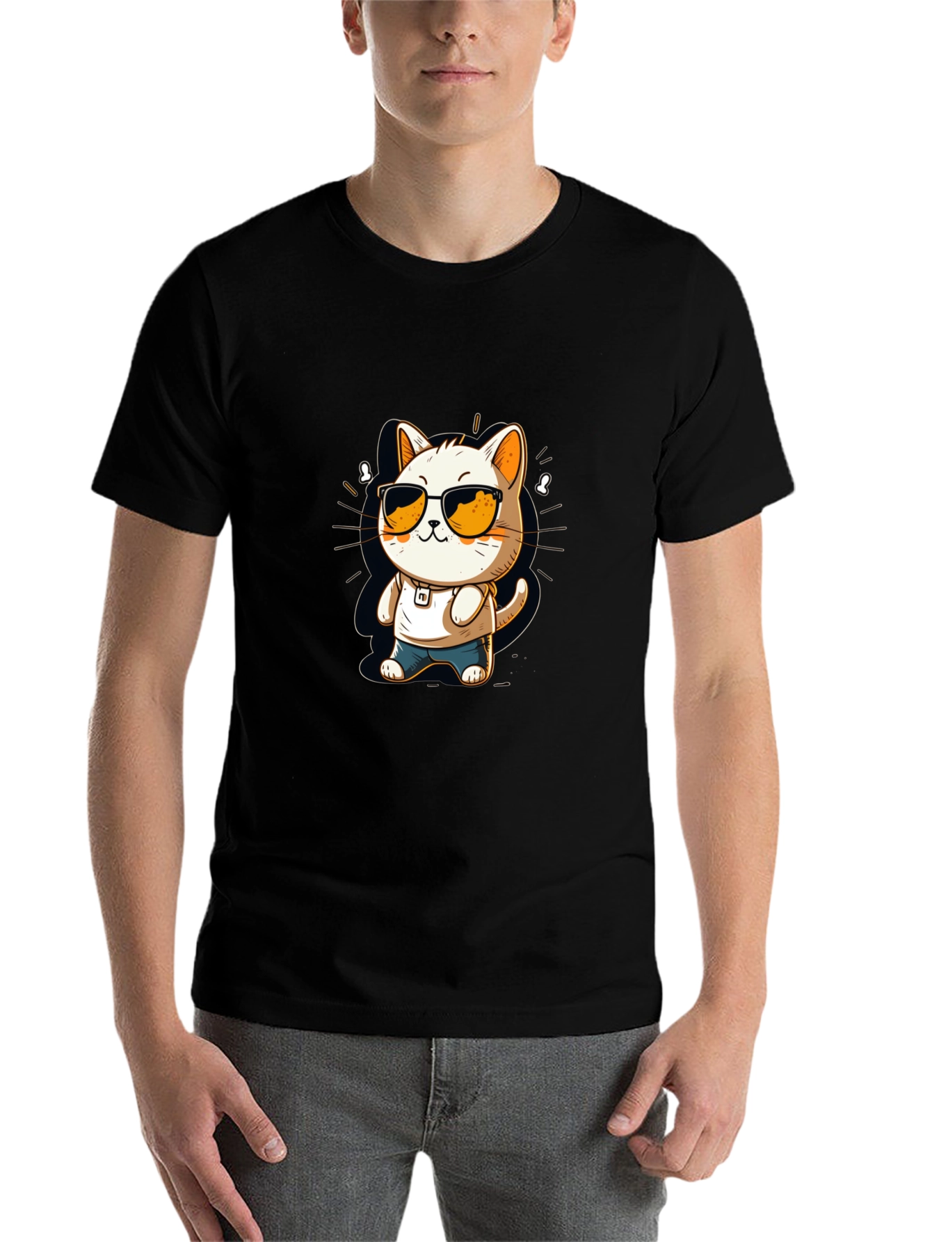 Black Cool Cat Cartoon Black Tee view 7