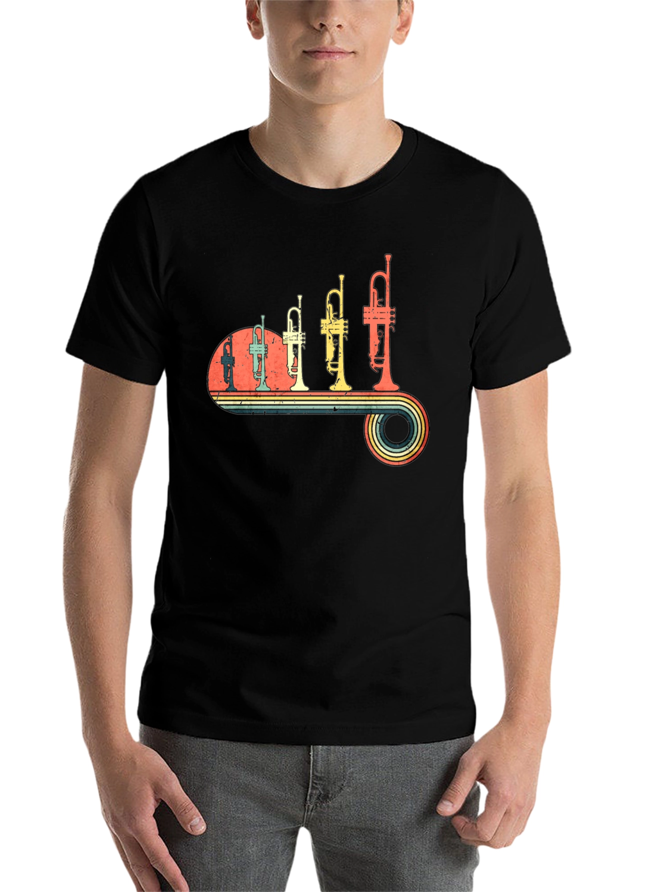 Black Retro Trumpet Music T-Shirt view 7