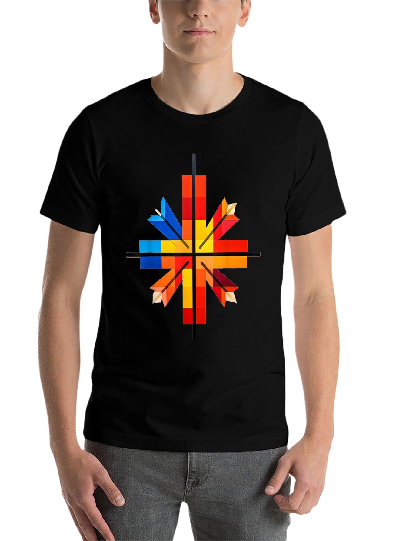 Black Geometric Arrow Graphic Tee - Colorful Square Design view 7