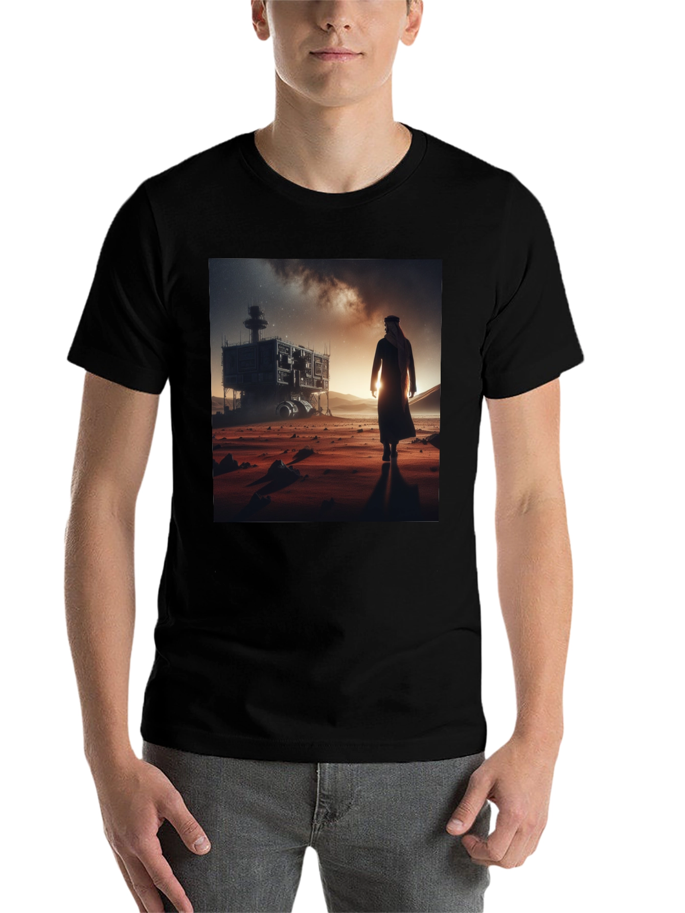 Black Futuristic Desert Traveler Graphic Tee view 7