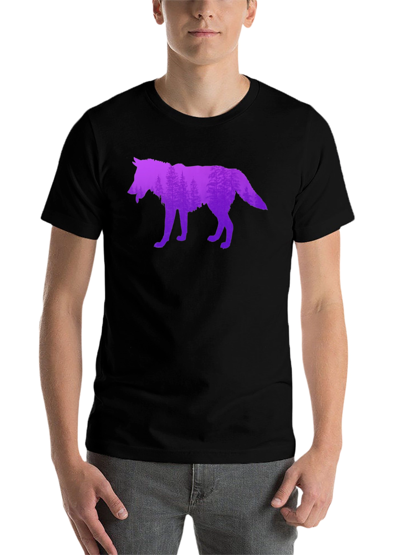 Black Wolf Silhouette Forest Graphic T-Shirt view 7