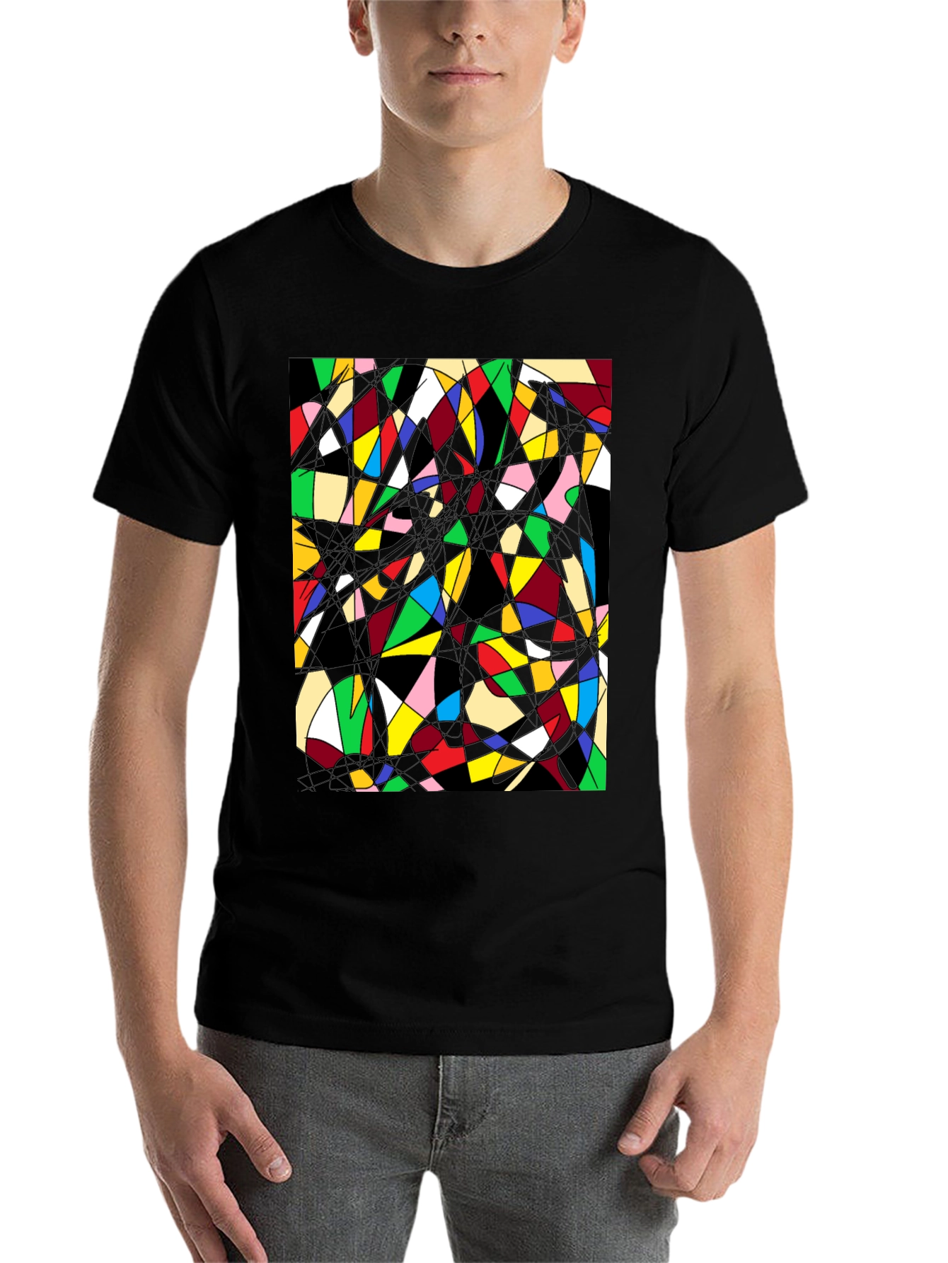 Black Abstract Geometric T-Shirt: Colorful Stained Glass Design view 7