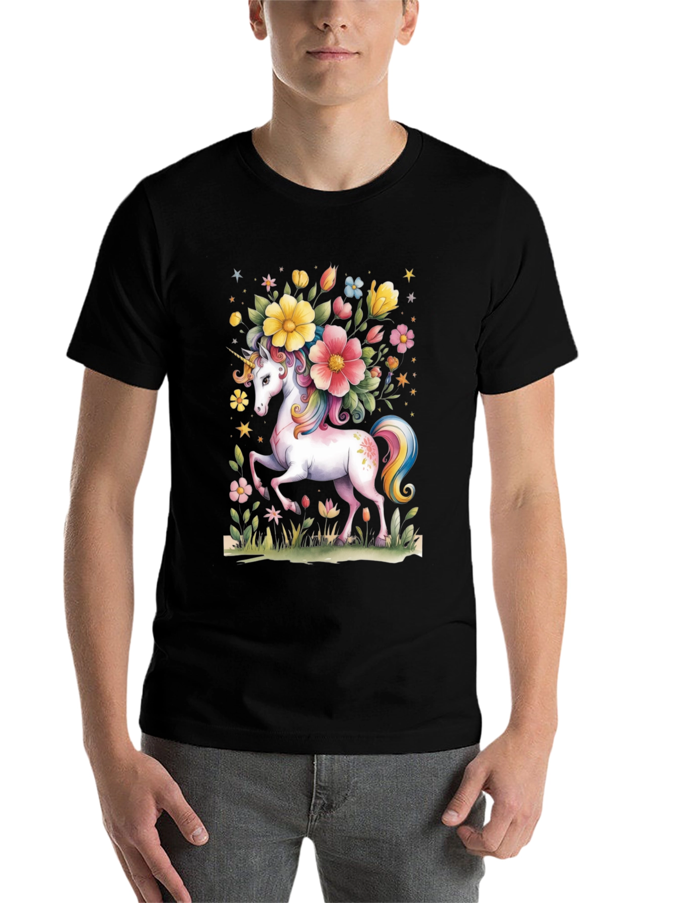 Black Unicorn Floral Graphic Tee - Black Cotton T-Shirt view 7