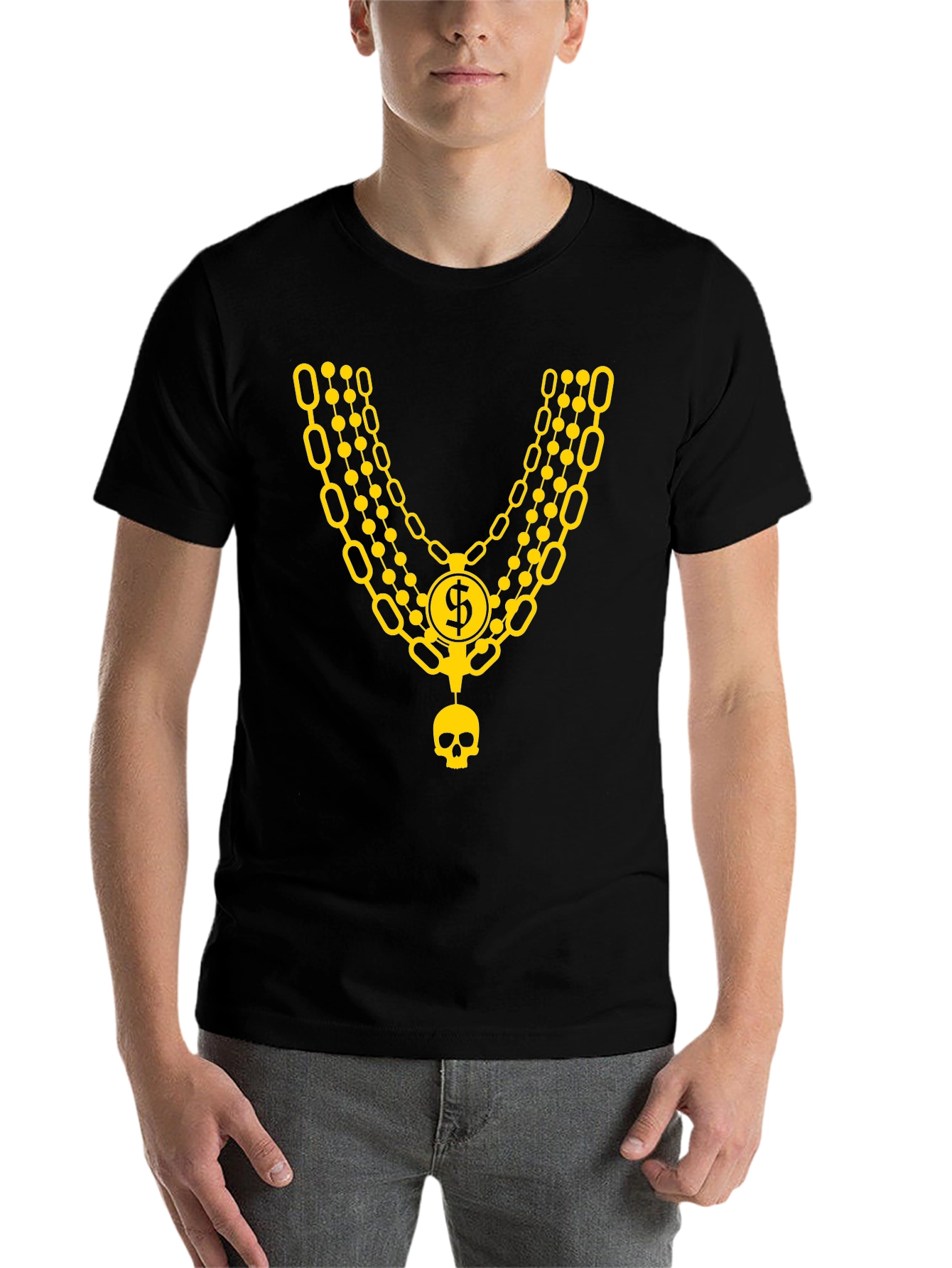 Black Men's Black T-Shirt with Gold Chain and Skull Design view 7