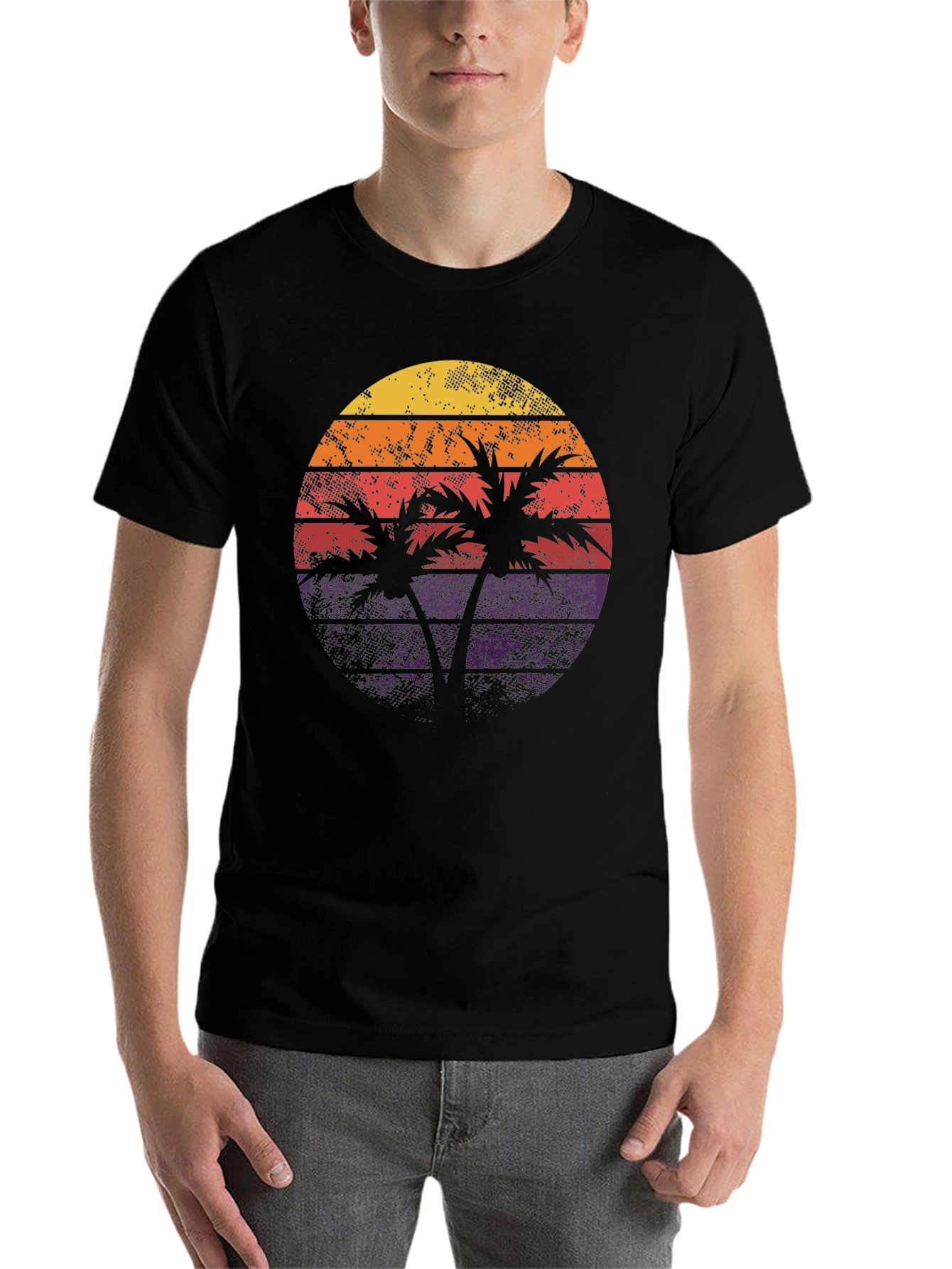Black Retro Sunset Palm Tree Graphic Tee view 7