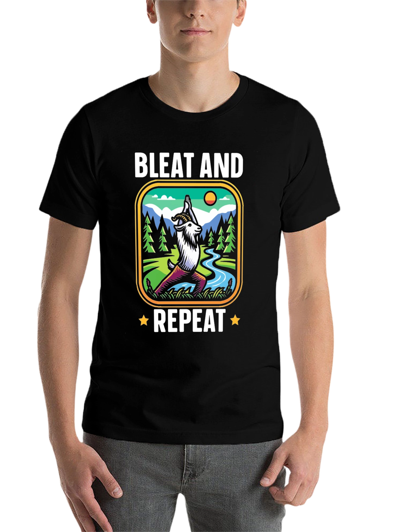 Black Bleat and Repeat Yoga Goat T-Shirt view 7