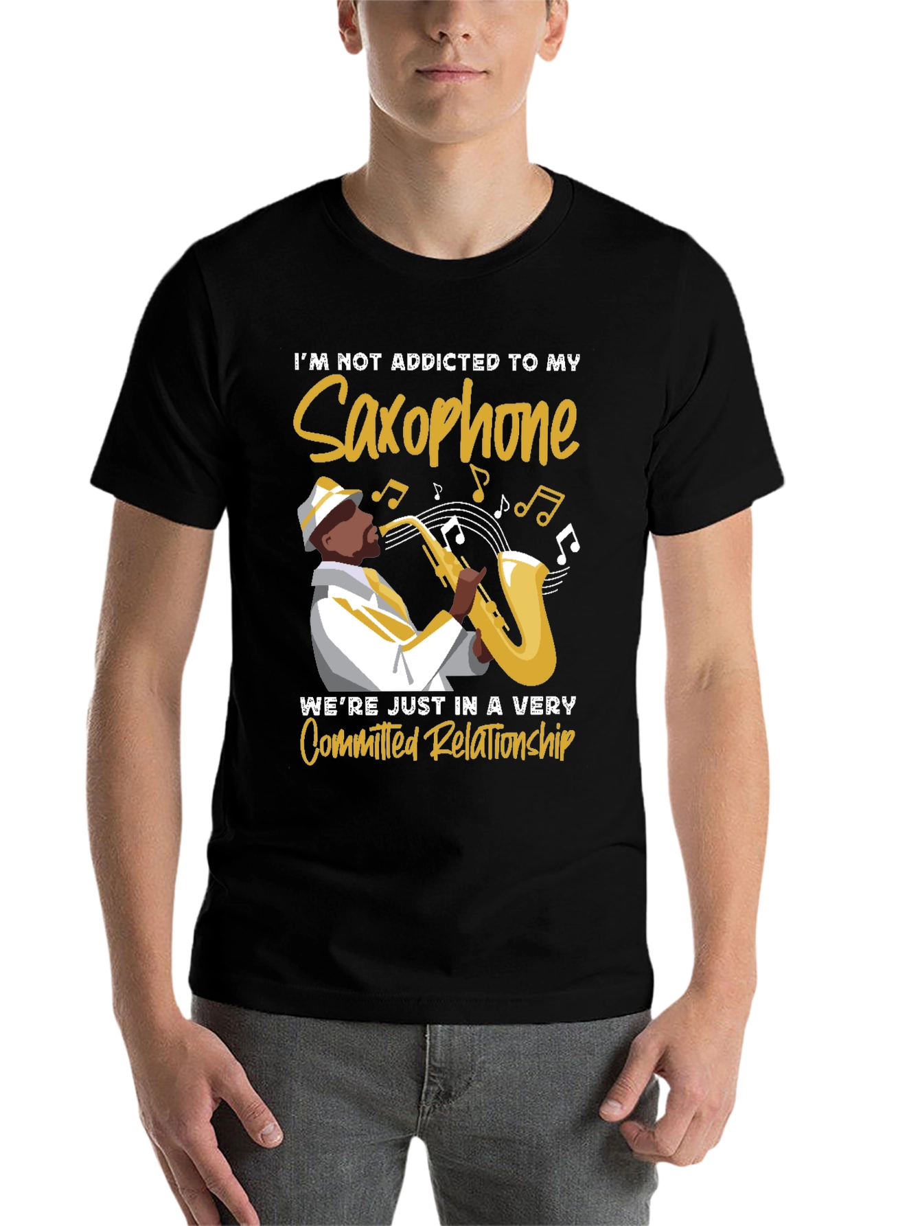 Black Saxophone Lover T-Shirt: Committed Relationship Tee view 7