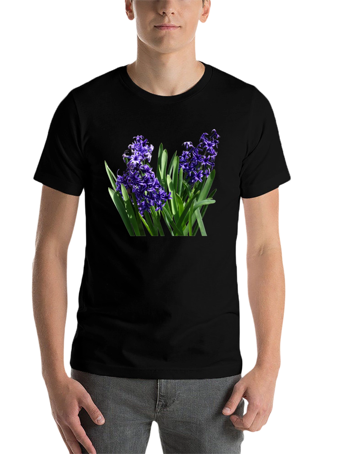 Black Floral Hyacinth Graphic Tee - Black Cotton T-Shirt view 7