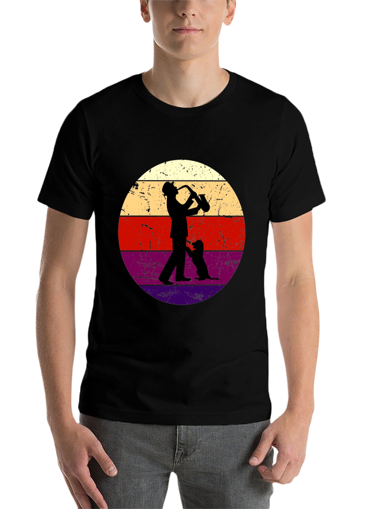 Black Saxophone Player & Dog Retro Graphic Tee view 7
