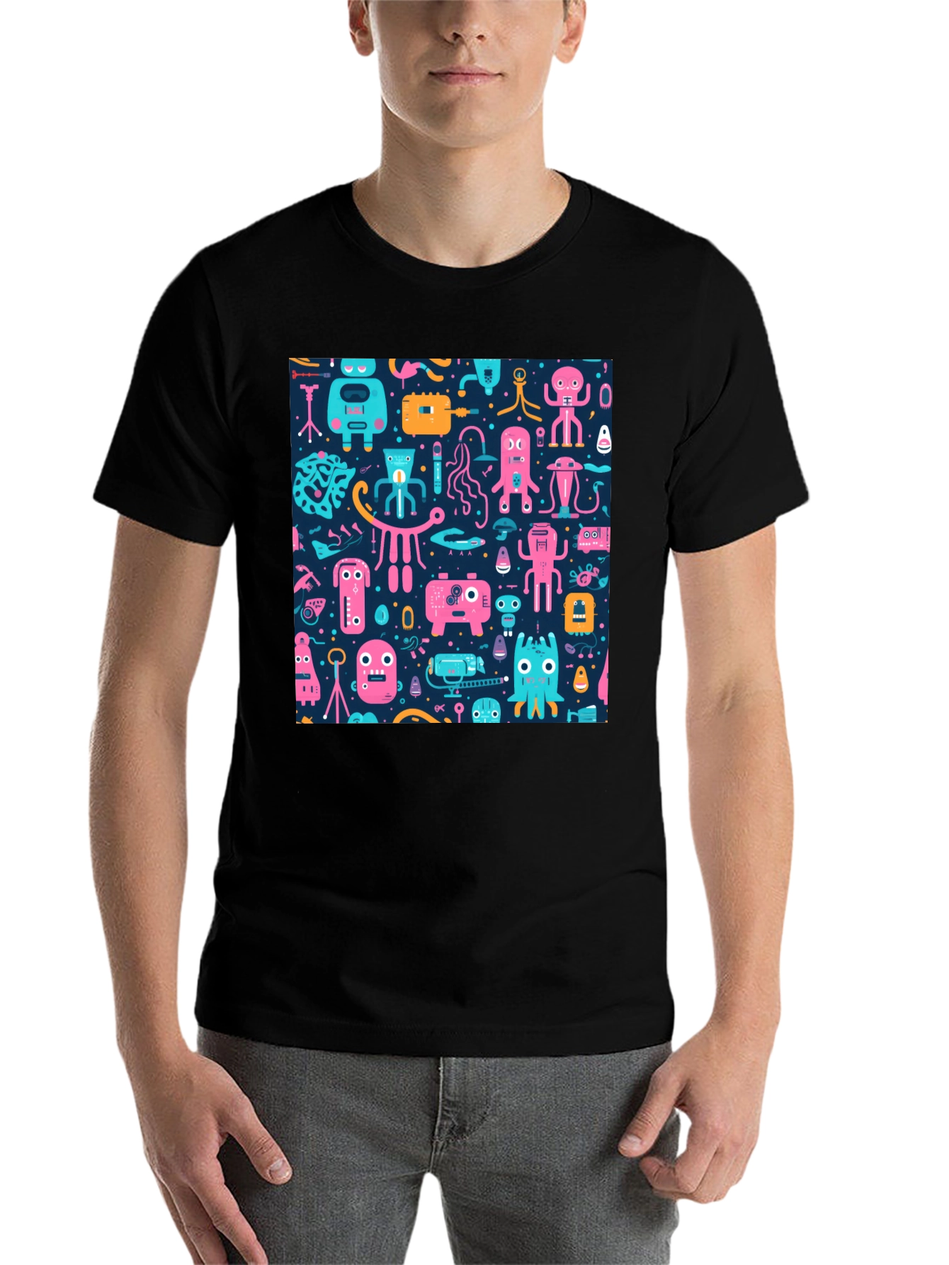 Black Funky Retro Robot Pattern T-Shirt view 7
