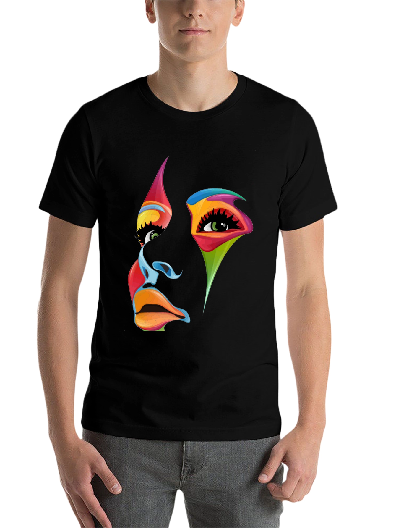 Black Abstract Face Graphic Tee - Vivid Colors, Modern Art view 7