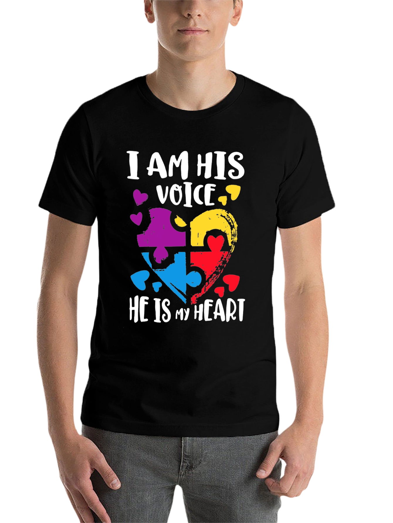 Black Autism Awareness Heart Puzzle T-Shirt view 7