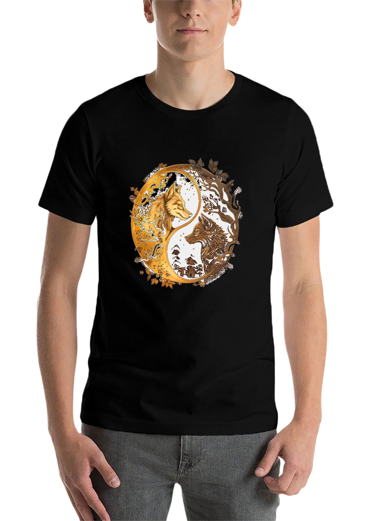Black Yin Yang Wolves Graphic Black Tee view 7