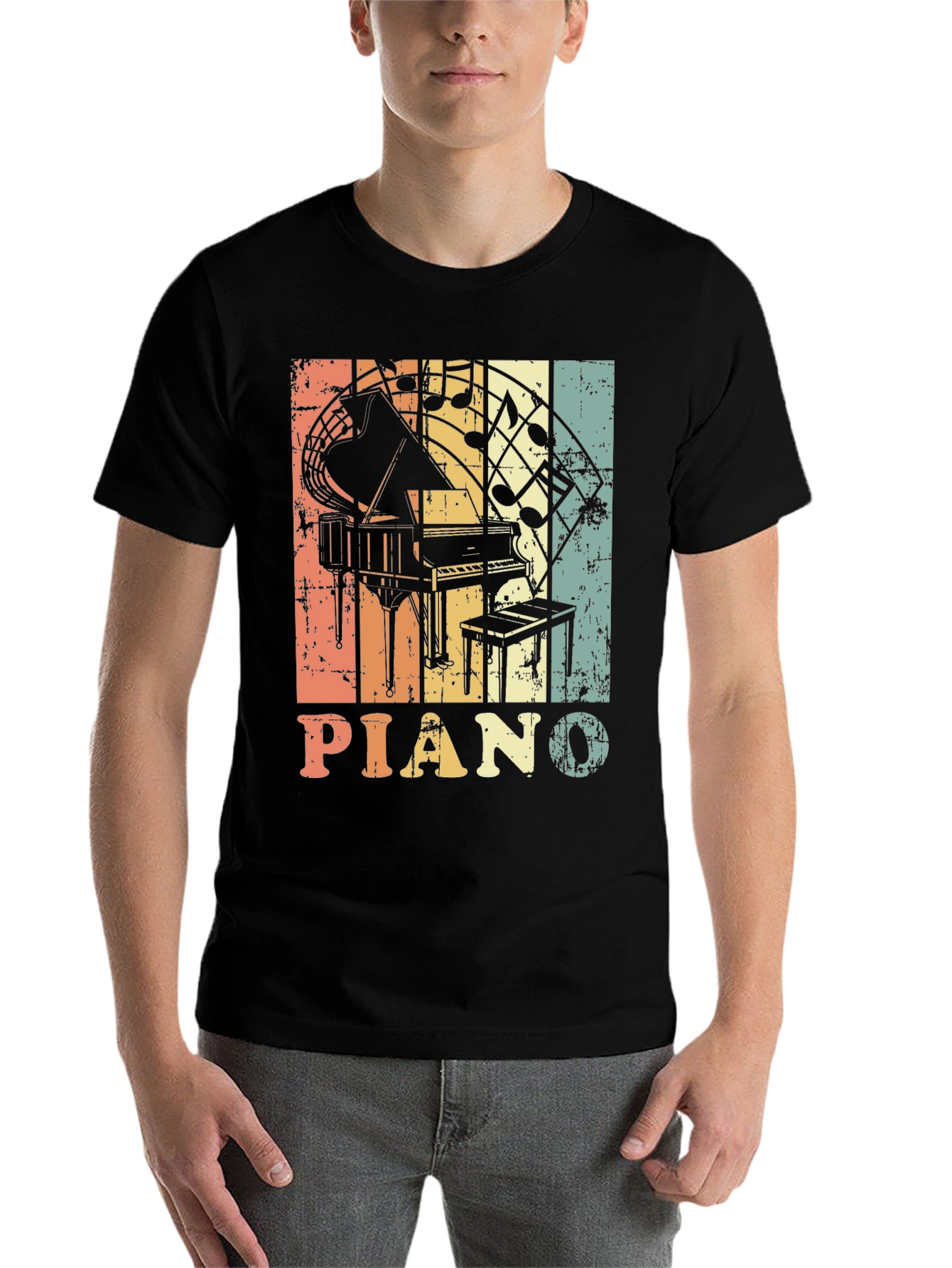 Black Retro Piano Music Notes Graphic T-Shirt view 7