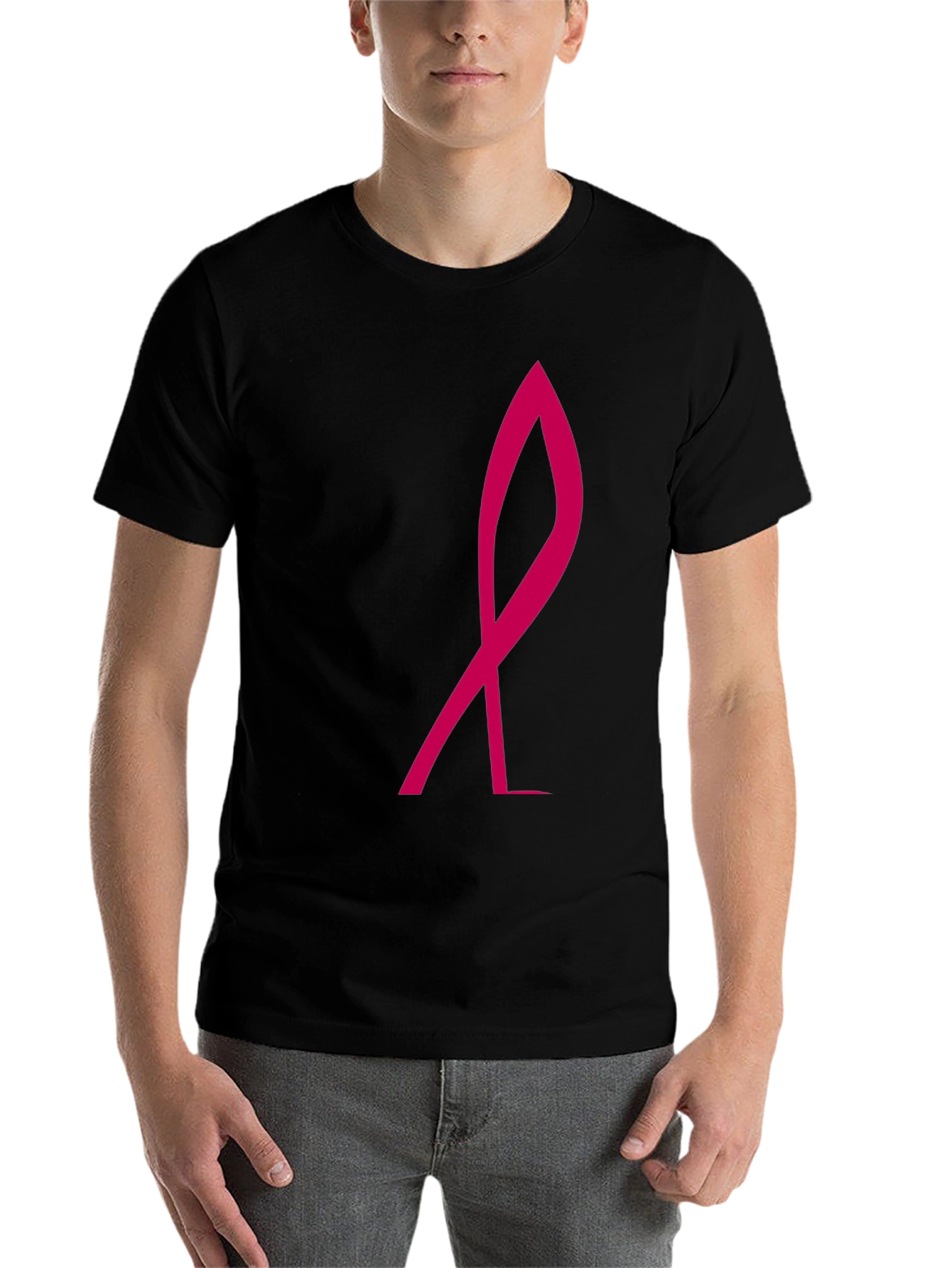 Black Stylish Black Tee with Pink Ribbon Graphic view 7