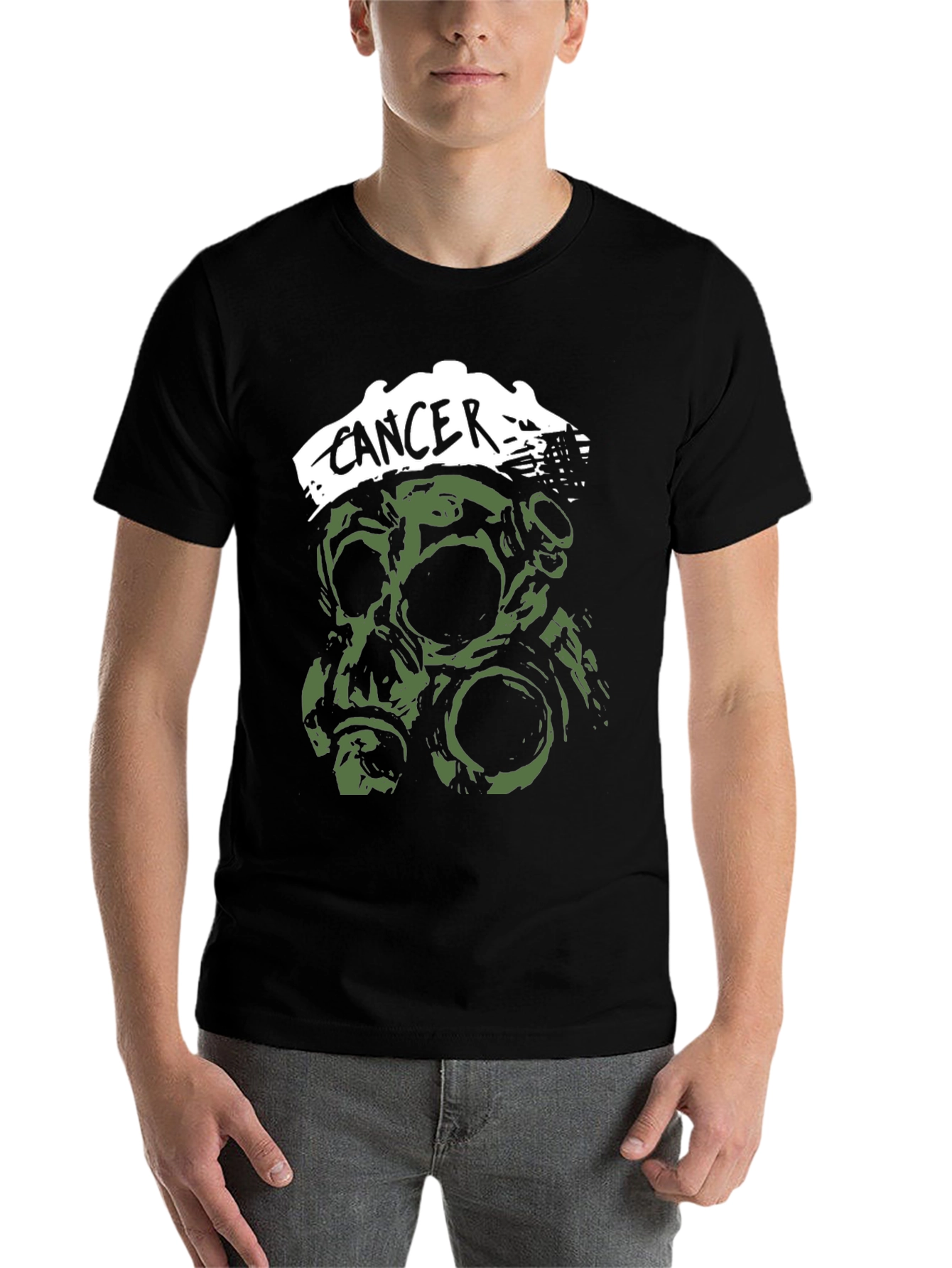 Black Cancer Band T-Shirt - Skull & Gas Mask Graphic view 7