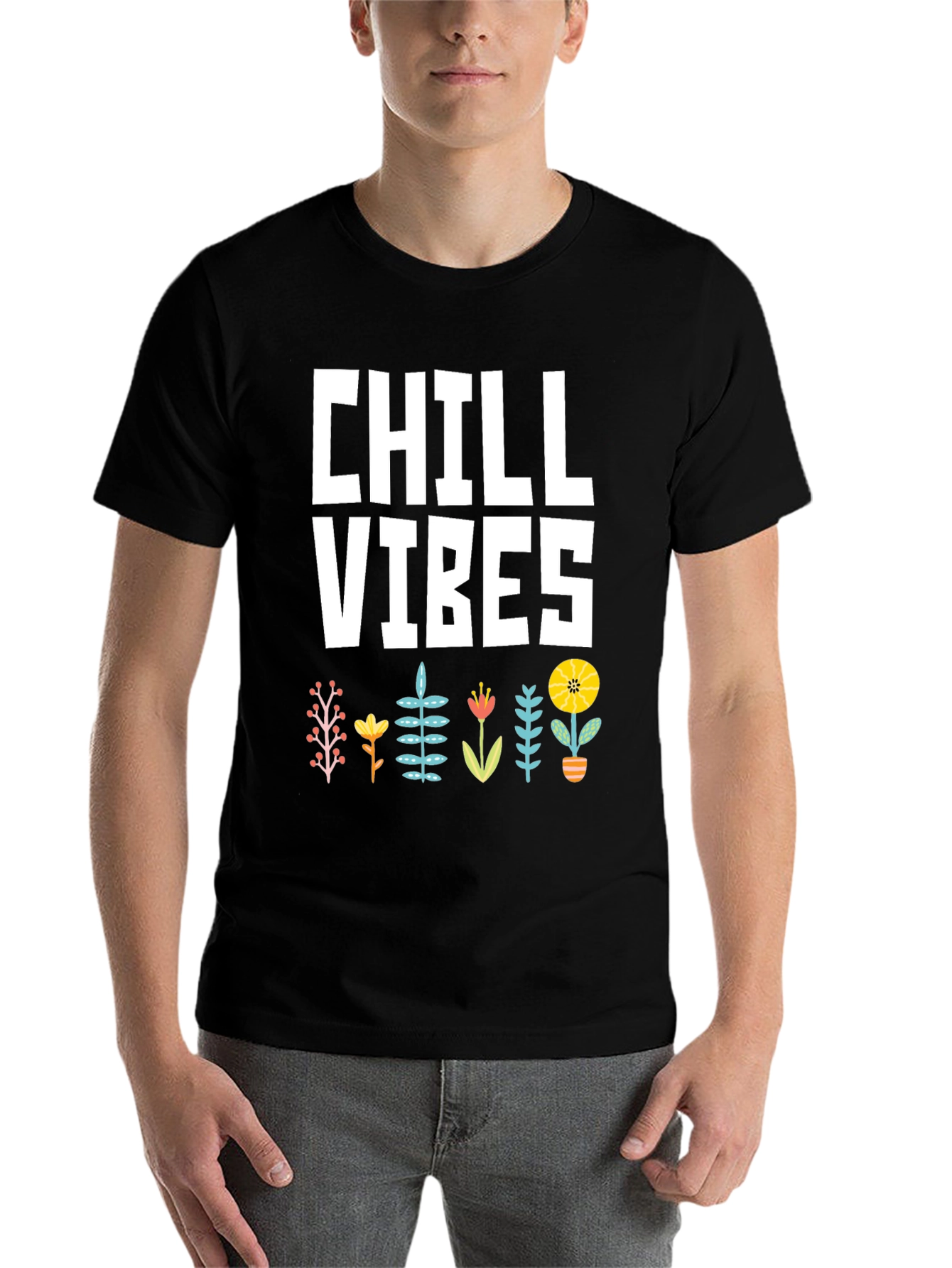 Black Chill Vibes Graphic T-Shirt - Black, Floral Design view 7
