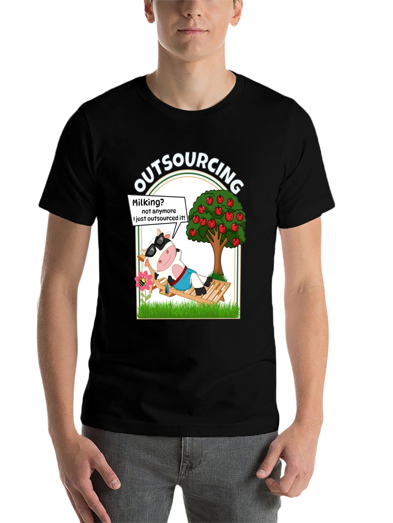 Black Outsourcing Cow T-Shirt - Funny Lazy Farm Animal Tee view 7