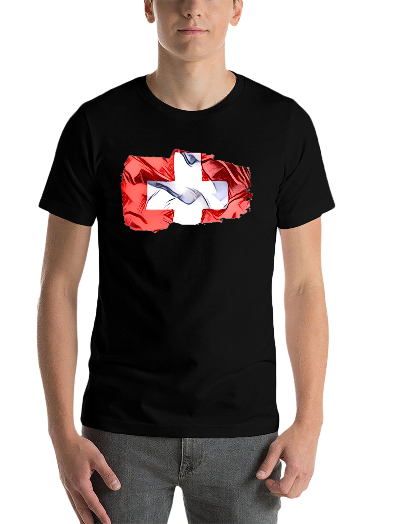 Black Swiss Flag Graphic Tee - Black Casual T-Shirt view 7