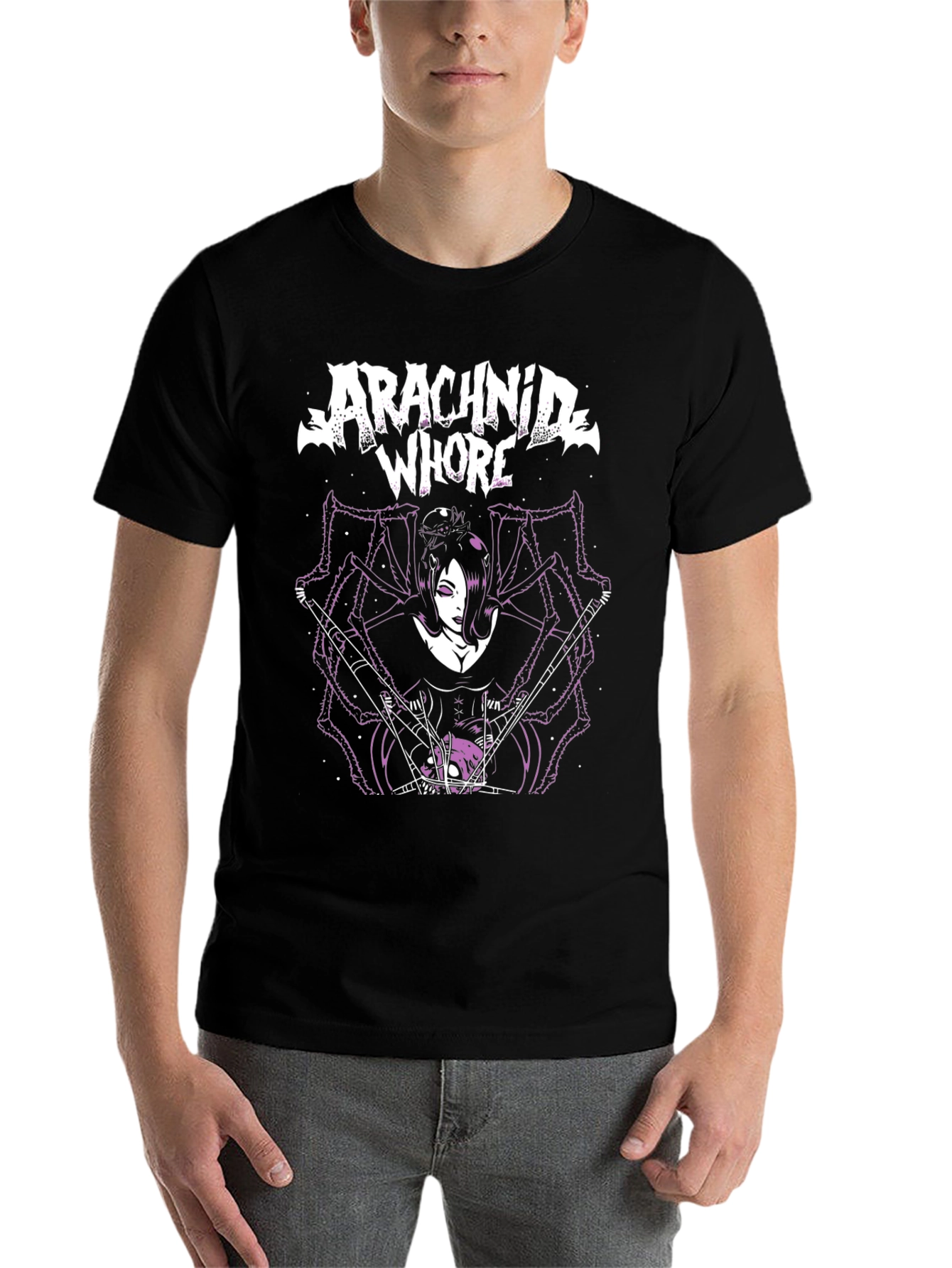 Black Arachnid Whore Graphic T-Shirt - Gothic Spider Woman Tee view 7