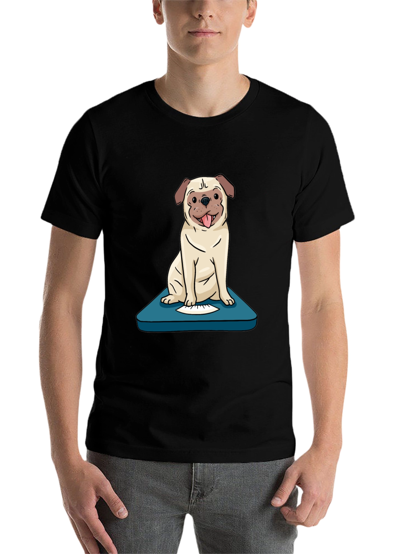 Black Pug on Scale Graphic Tee - Weighty Humor T-Shirt view 7
