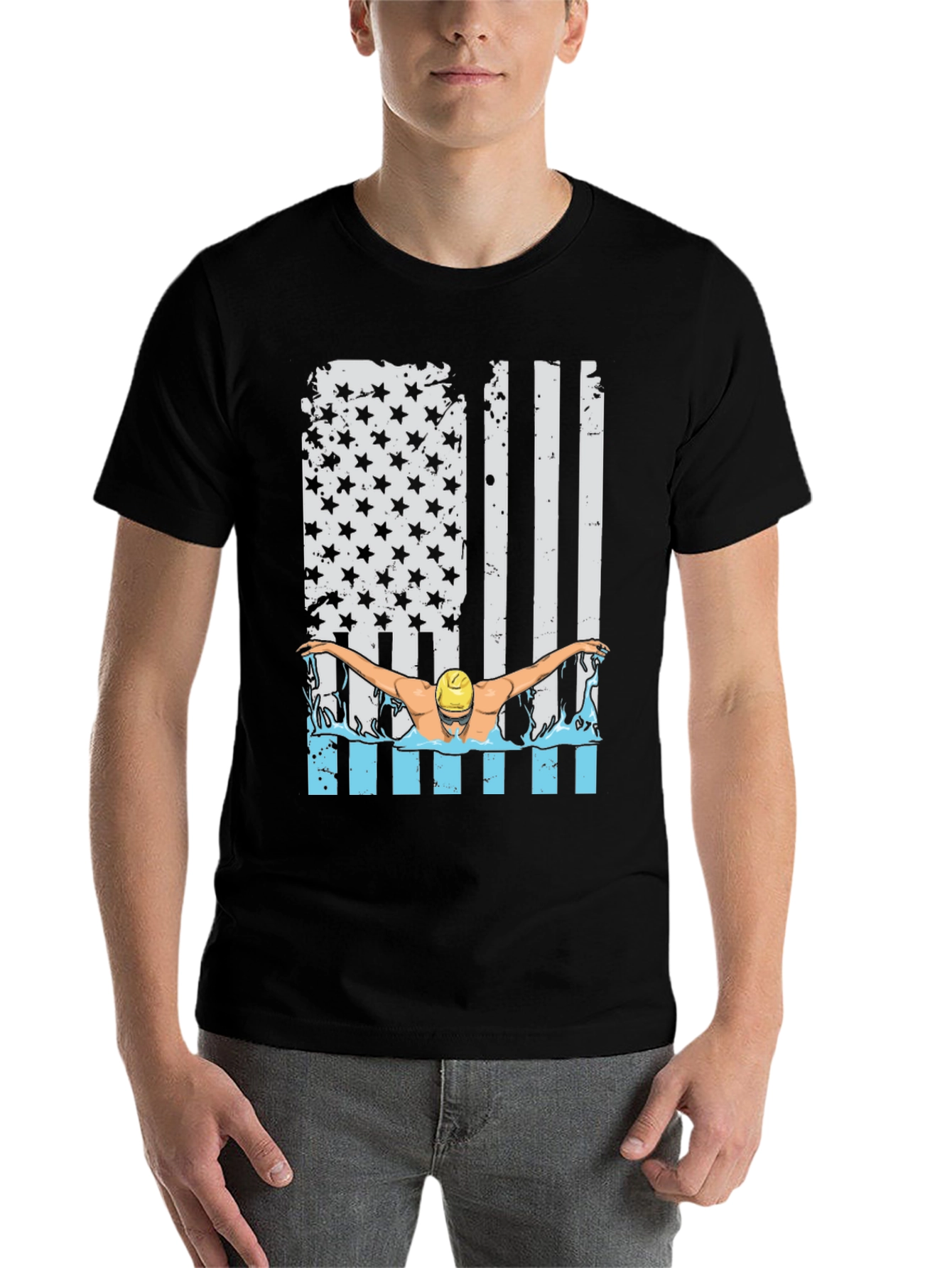 Black Patriotic Swimmer T-Shirt USA Flag Design view 7