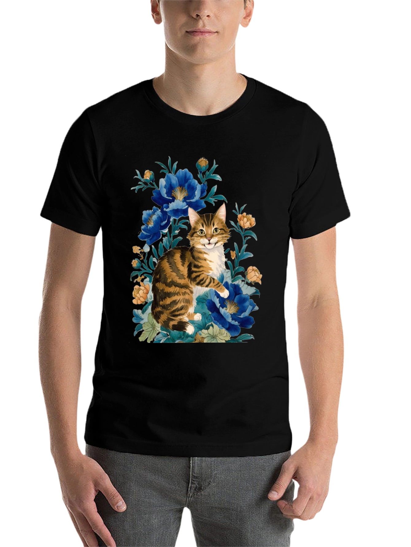 Black Floral Cat Graphic Tee - Soft Cotton Blend view 7