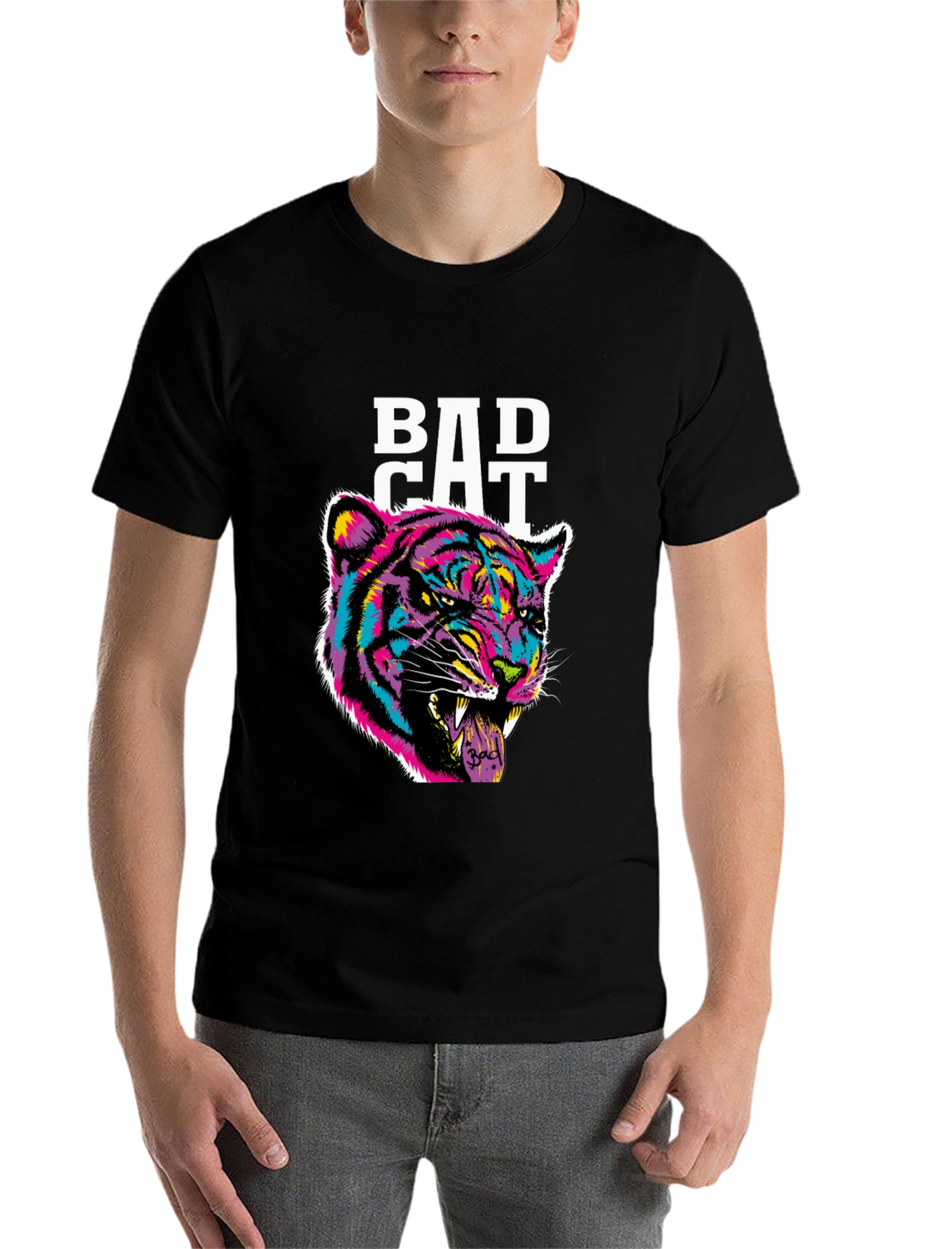 Black Bad Cat Graphic Print Tee - Black Cotton Blend view 7