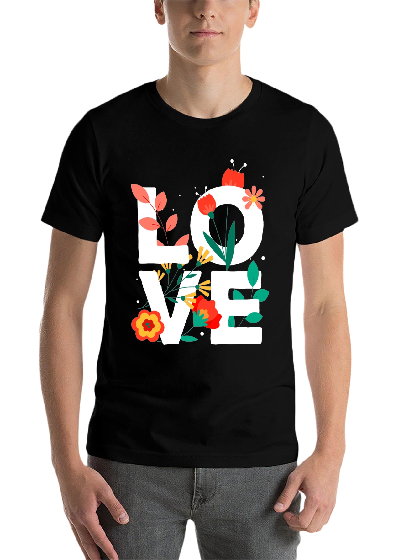 Black Floral LOVE Graphic Tee - Trendy Unisex Shirt view 7