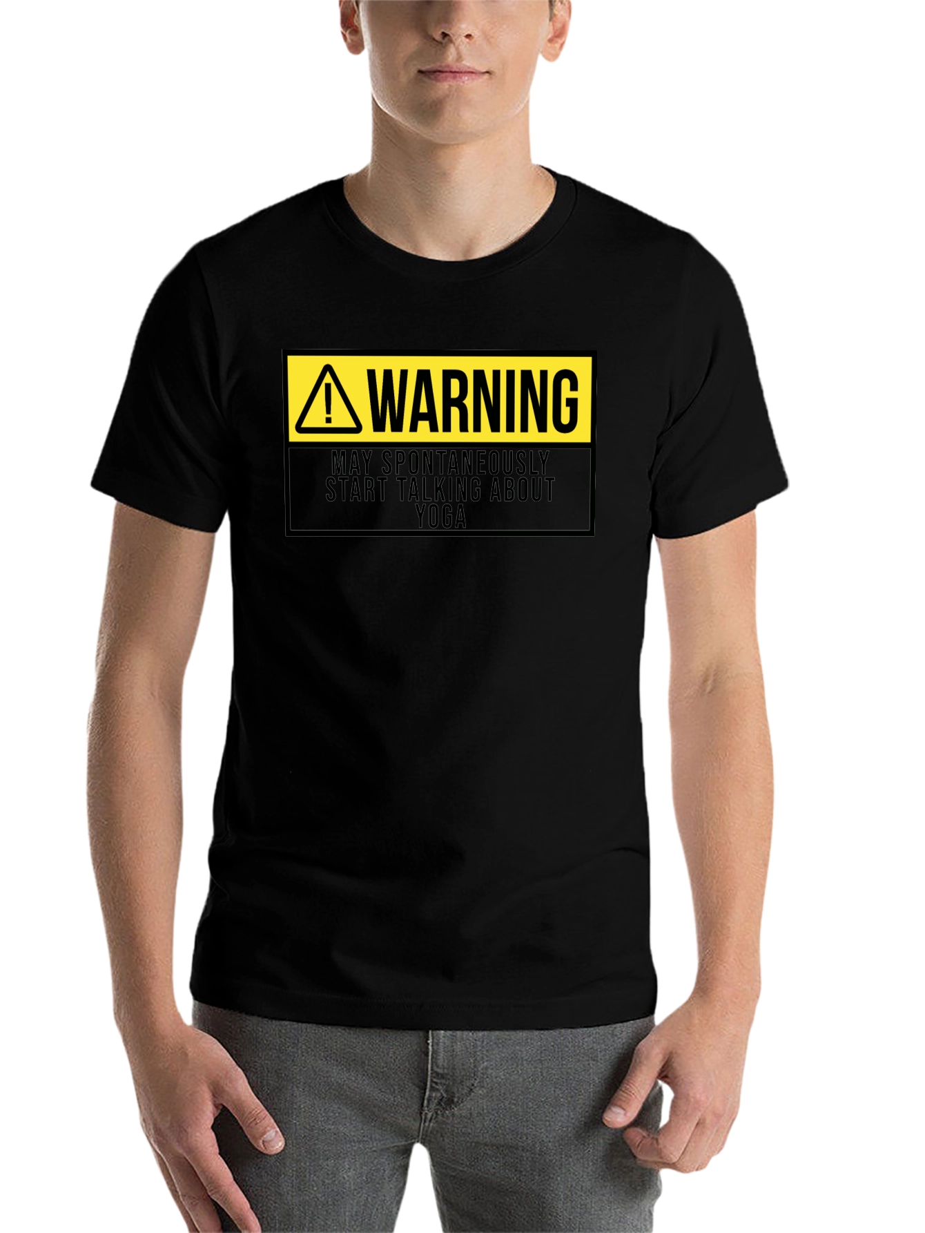 Black Warning: May Spontaneously Talk Yoga T-Shirt view 7