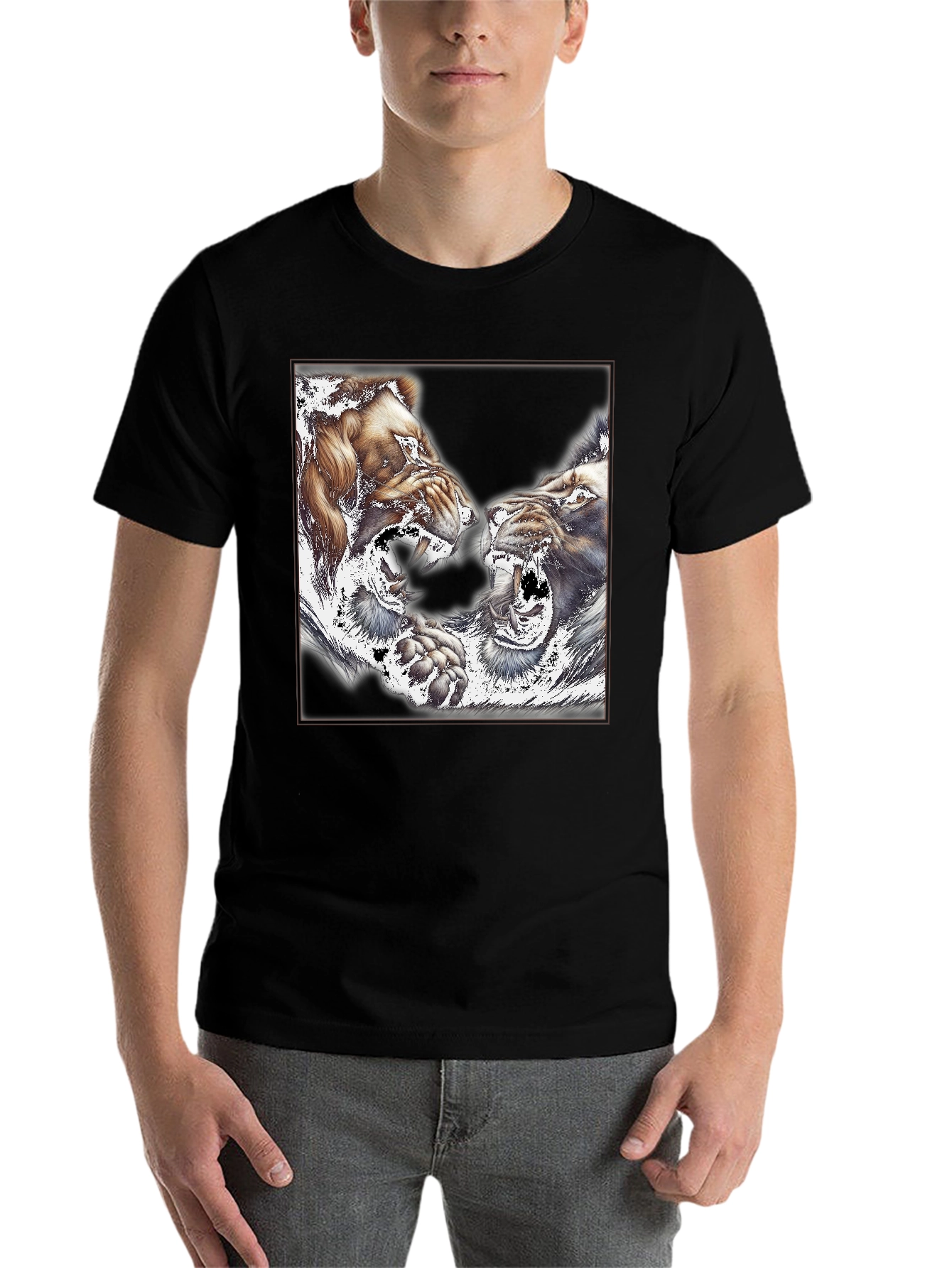 Black Roaring Lions Graphic Print Black T-Shirt view 7