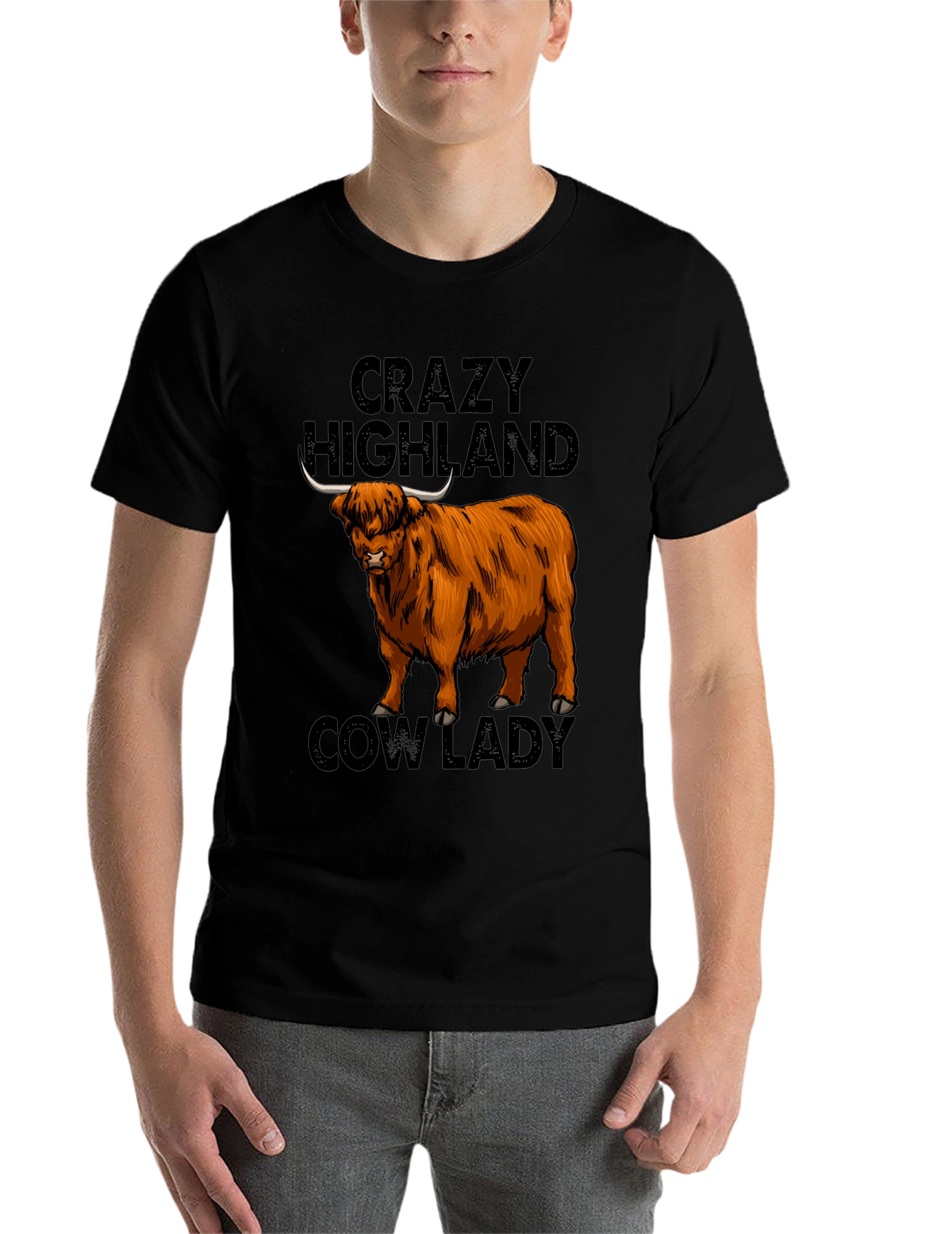 Black Crazy Highland Cow Lady T-Shirt view 7