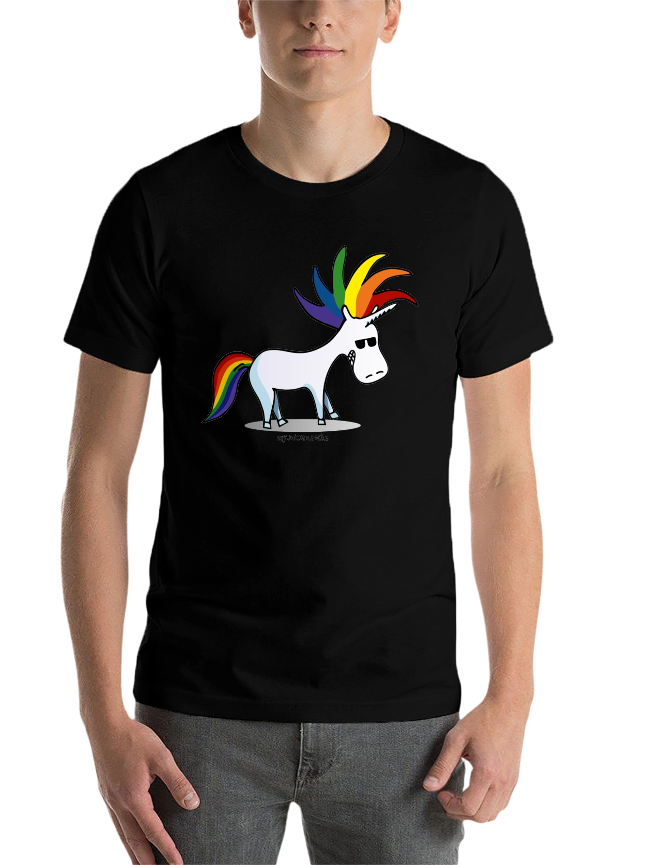 Black Cool Cartoon Unicorn Graphic Black Tee view 7