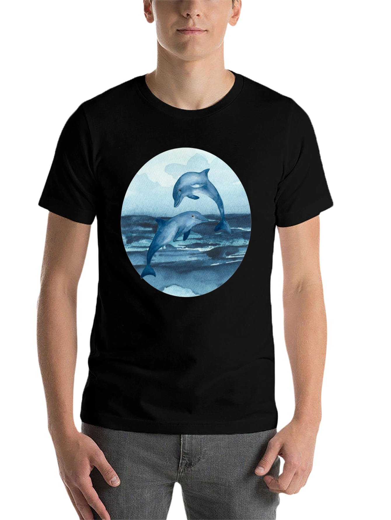 Black Dolphin T-Shirt - Round Print - Marine Life Tee view 7