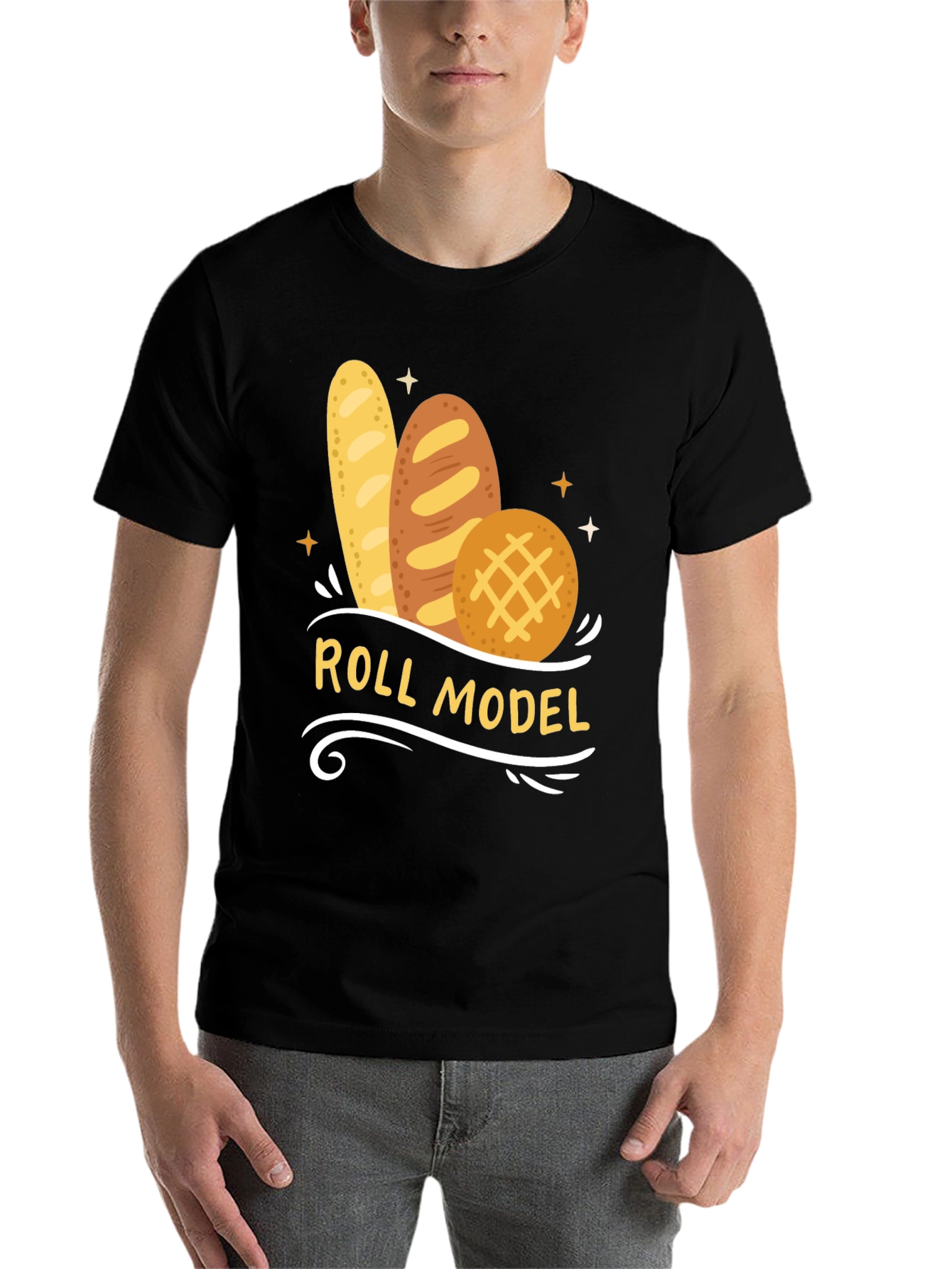Black Roll Model Graphic T-Shirt - Funny Bread Pun Tee view 7