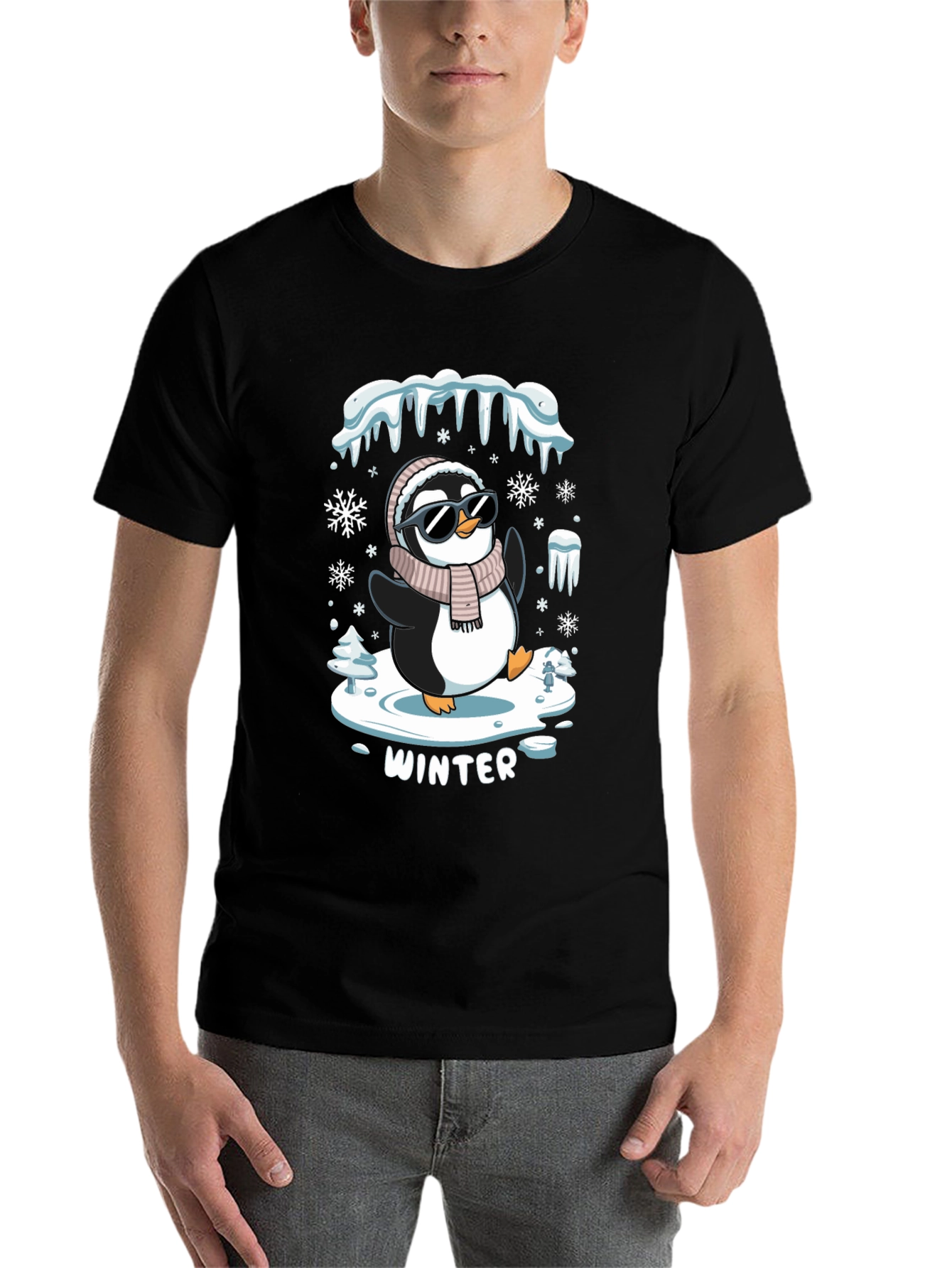 Black Winter Penguin T-Shirt - Cool Holiday Apparel view 7