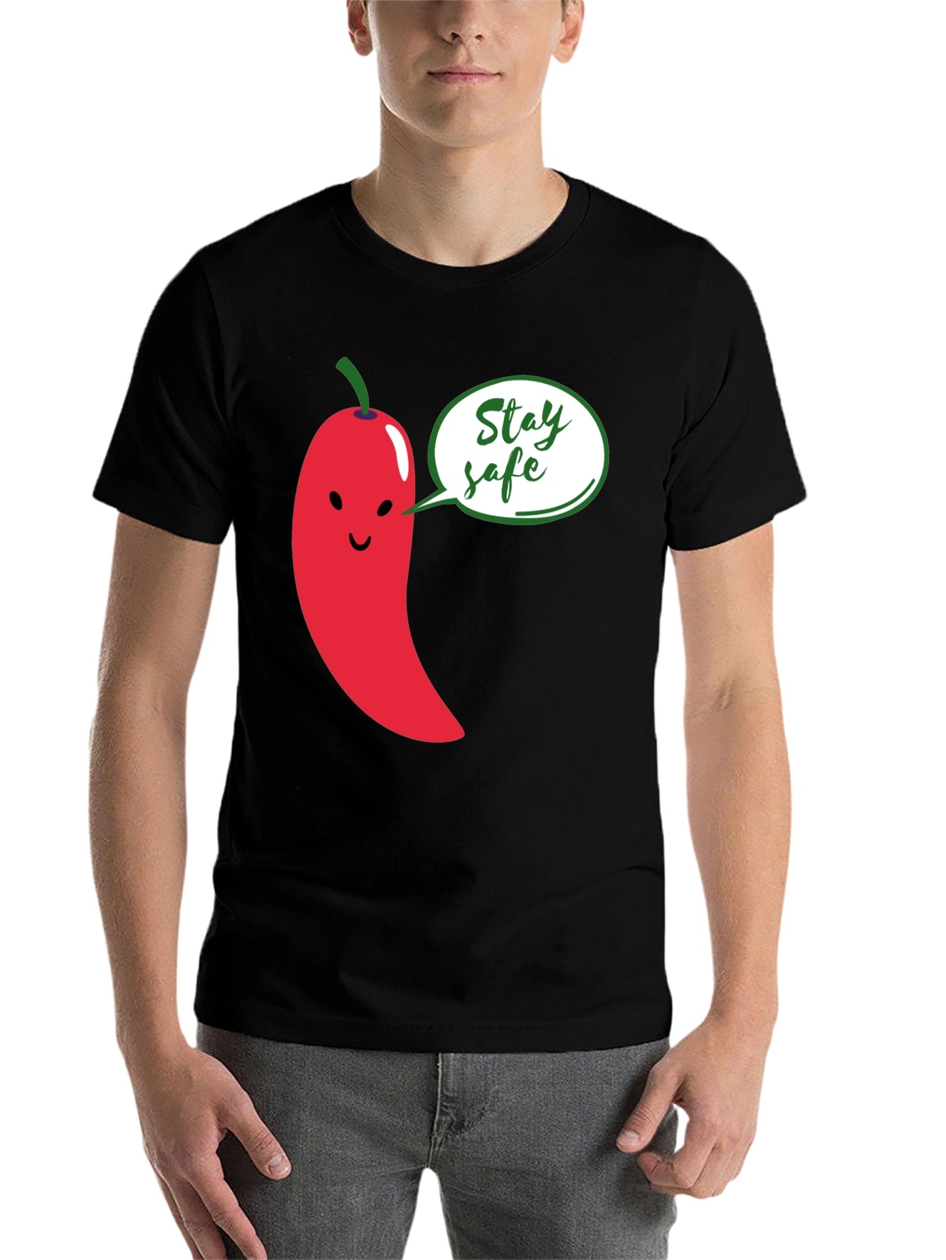 Black Stay Safe Pepper Graphic Tee - Unisex Black T-Shirt view 7