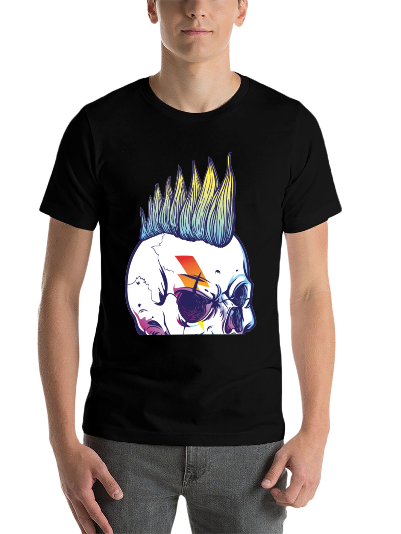 Skull Mohawk Graphic Tee - Men's Black Cotton T-Shirt - 7