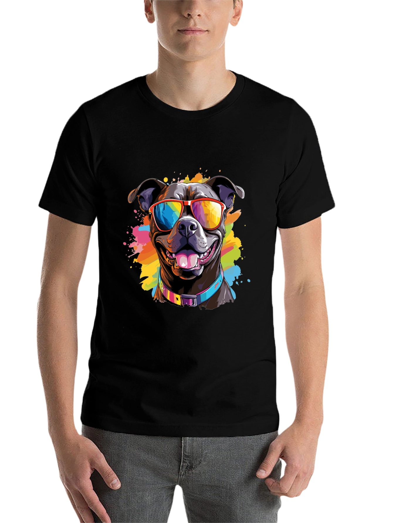 Black Cool Dog T-Shirt - Colorful Pitbull Sunglasses Tee view 7