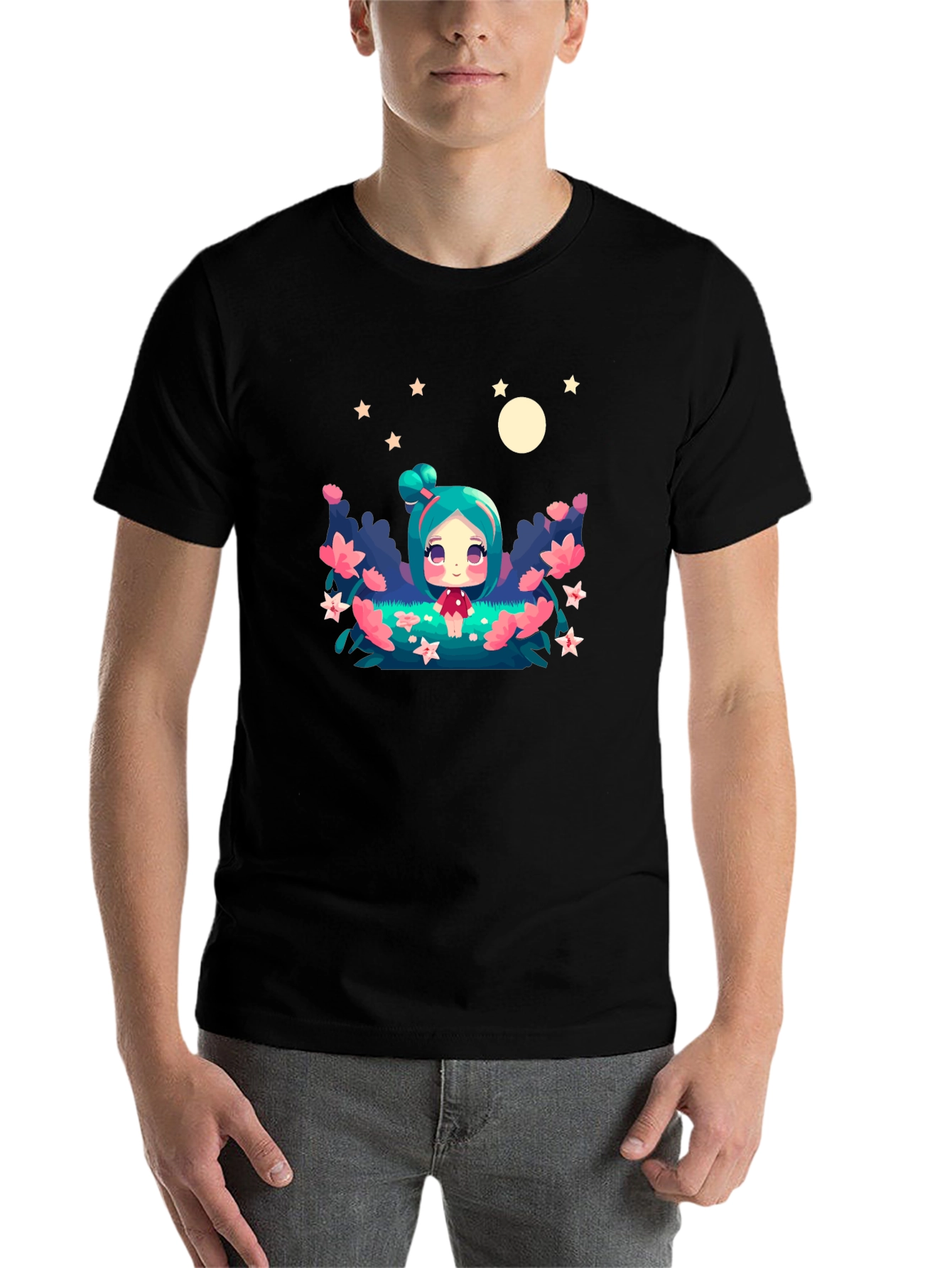 Black Cute Cartoon Fairy Graphic Tee - Black Unisex T-Shirt view 7