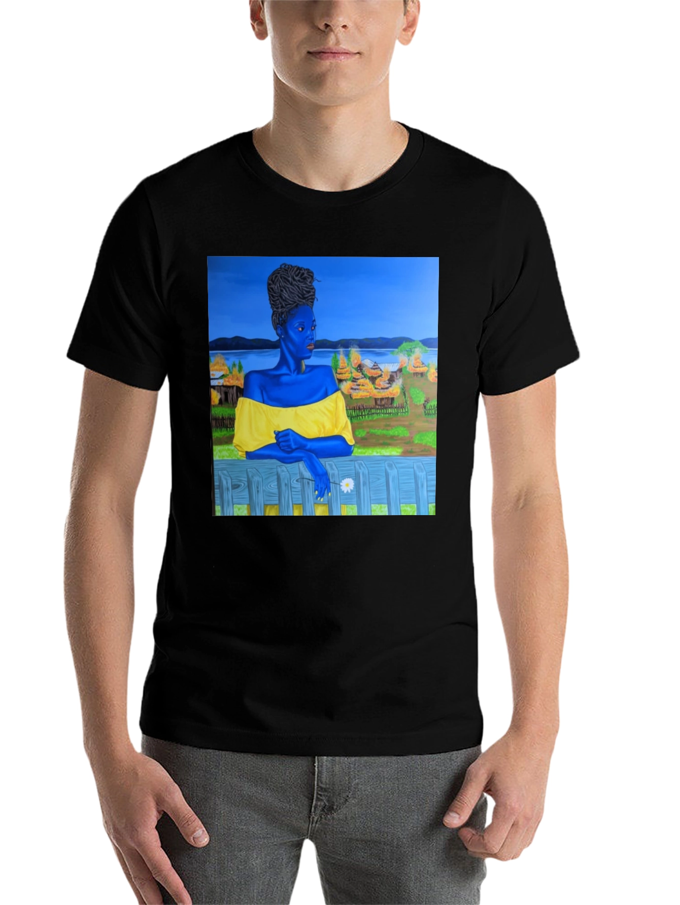 Black Black T-Shirt with Artistic Portrait Print view 7