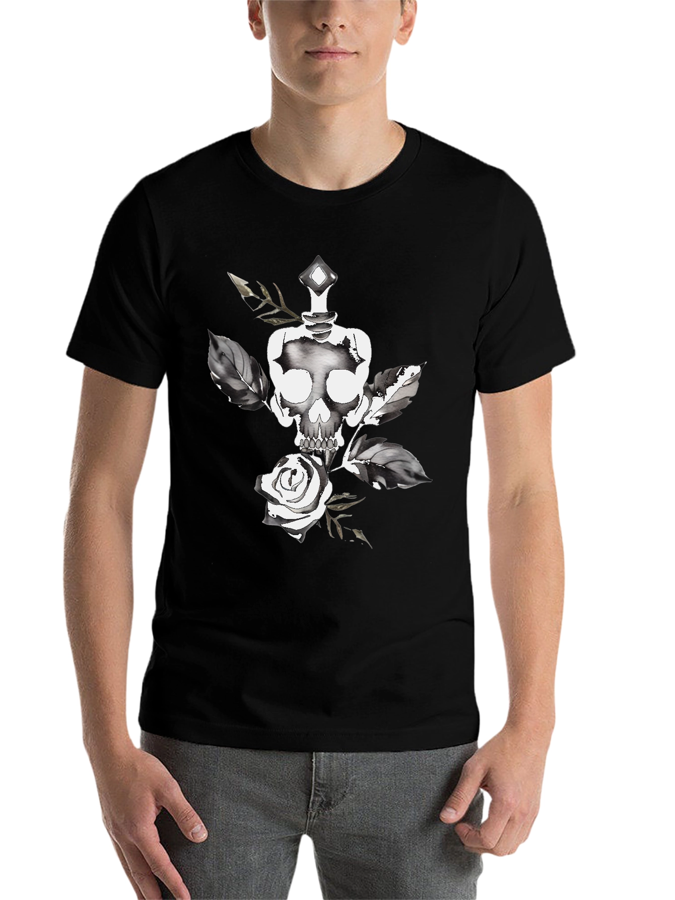 Black Skull & Rose Graphic Tee - Stylish Black Cotton T-Shirt view 7