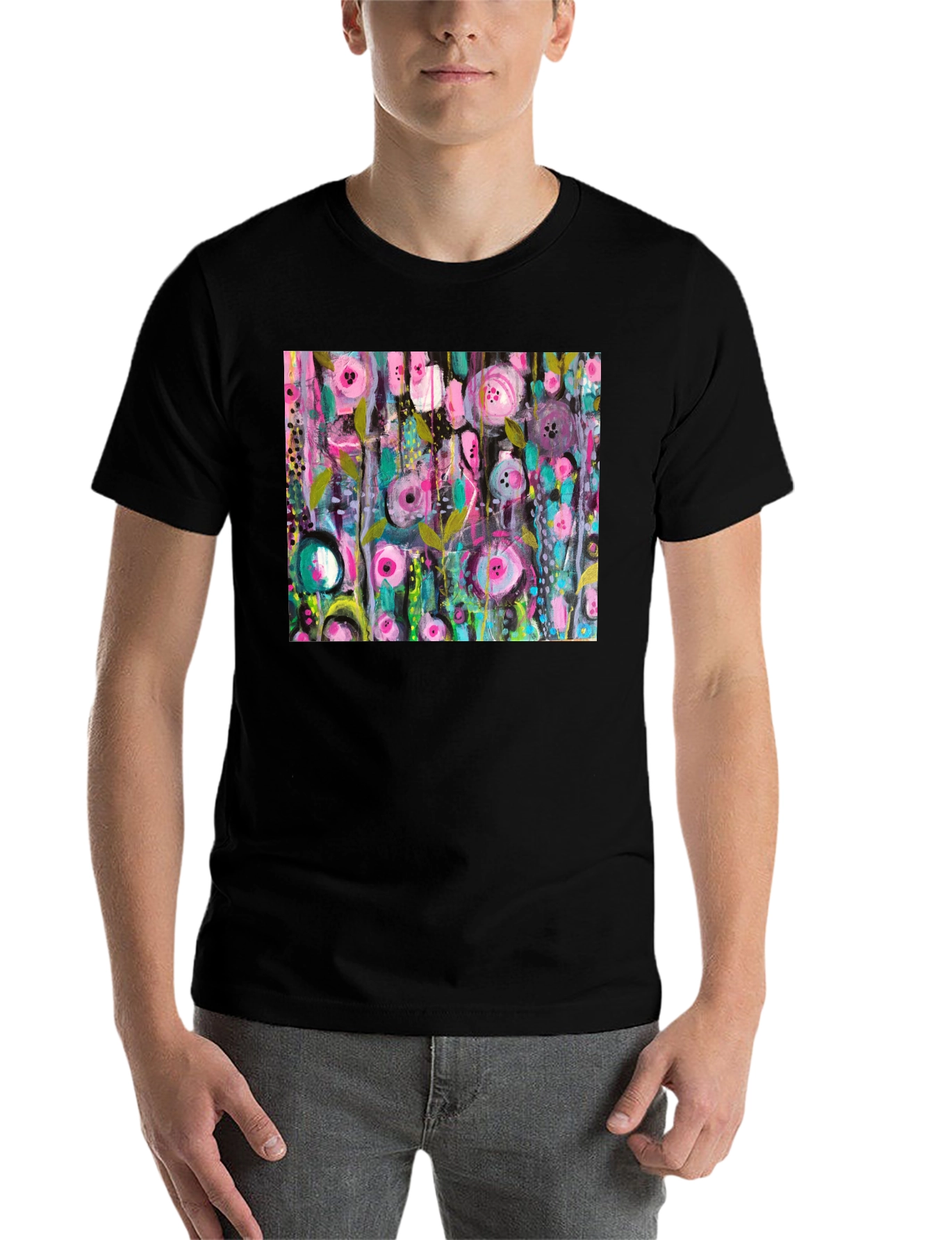 Black Abstract Floral Print Black T-Shirt view 7