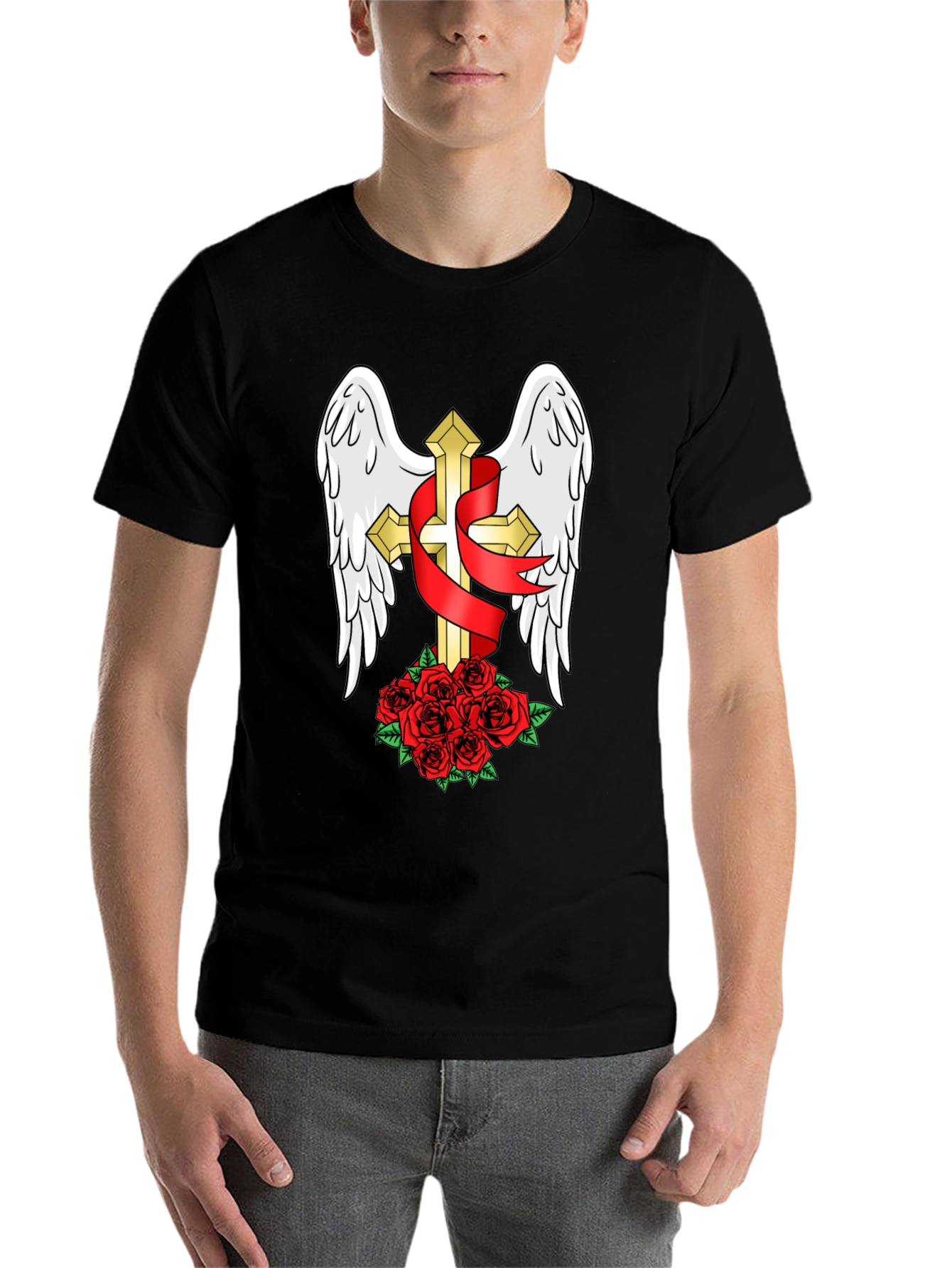 Black Winged Cross & Roses T-Shirt - Stylish Graphic Tee view 7