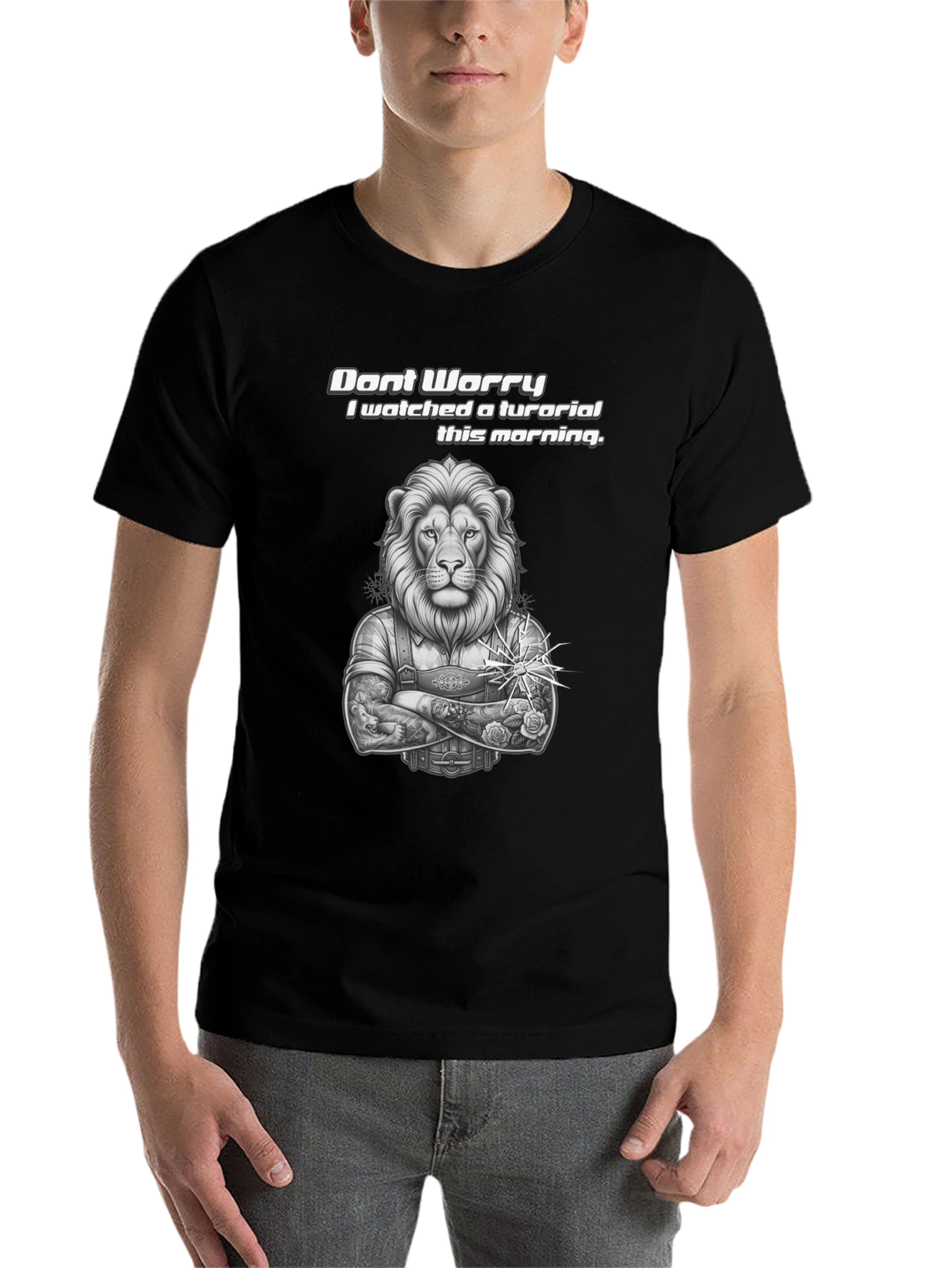 Lion Tutorial Graphic T-Shirt - Black Crew Neck - 7